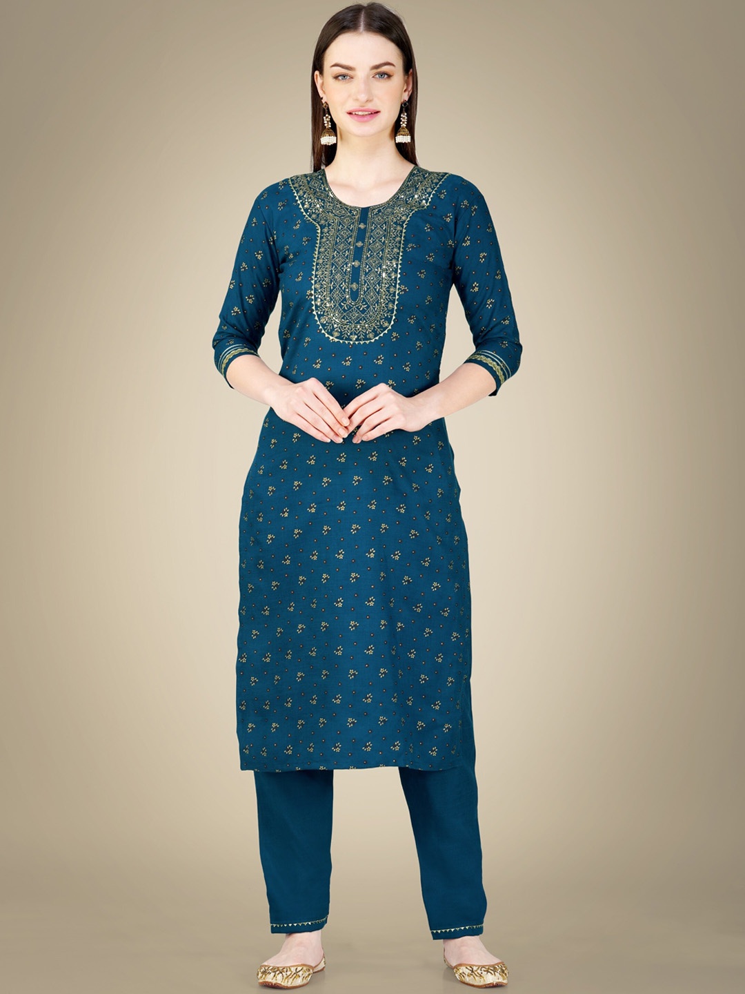

Riddhi Textile Hub Ethnic Embroidered Straight Sequinned Kurta with Trousers & Dupatta, Blue