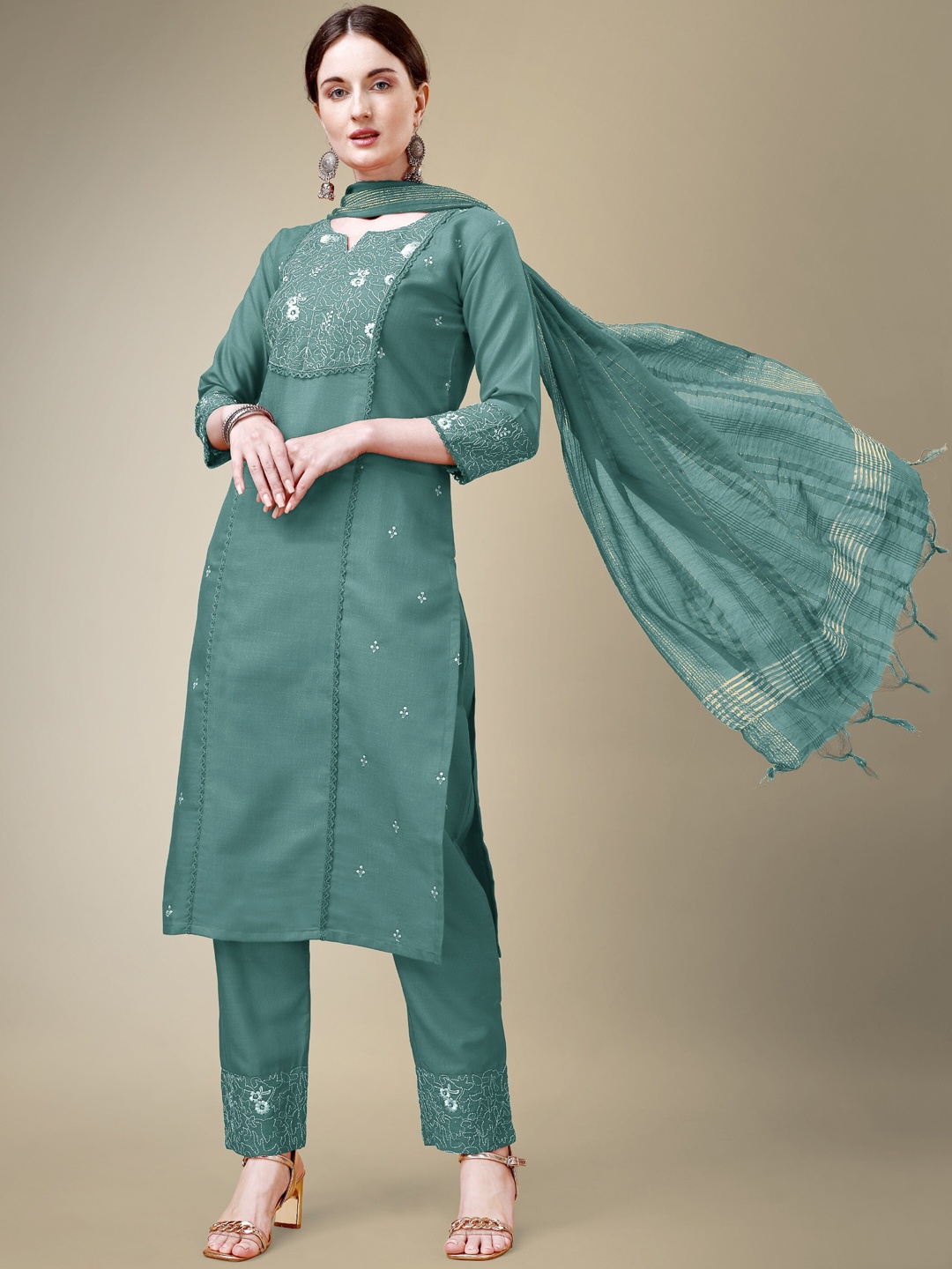 

Riddhi Textile Hub Ethnic Motifs Embroidered Regular Kurta With Trousers & Dupatta, Sea green