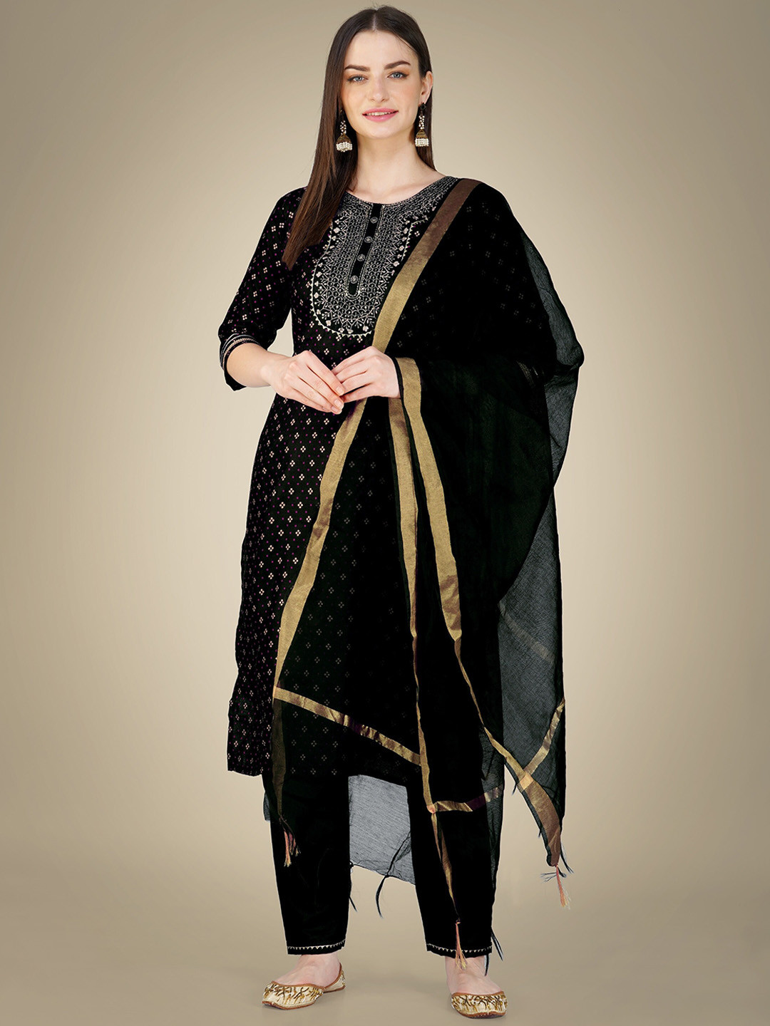 

Riddhi Textile Hub Ethnic Motifs Embroidered Thread Work Kurta & Trousers With Dupatta, Black