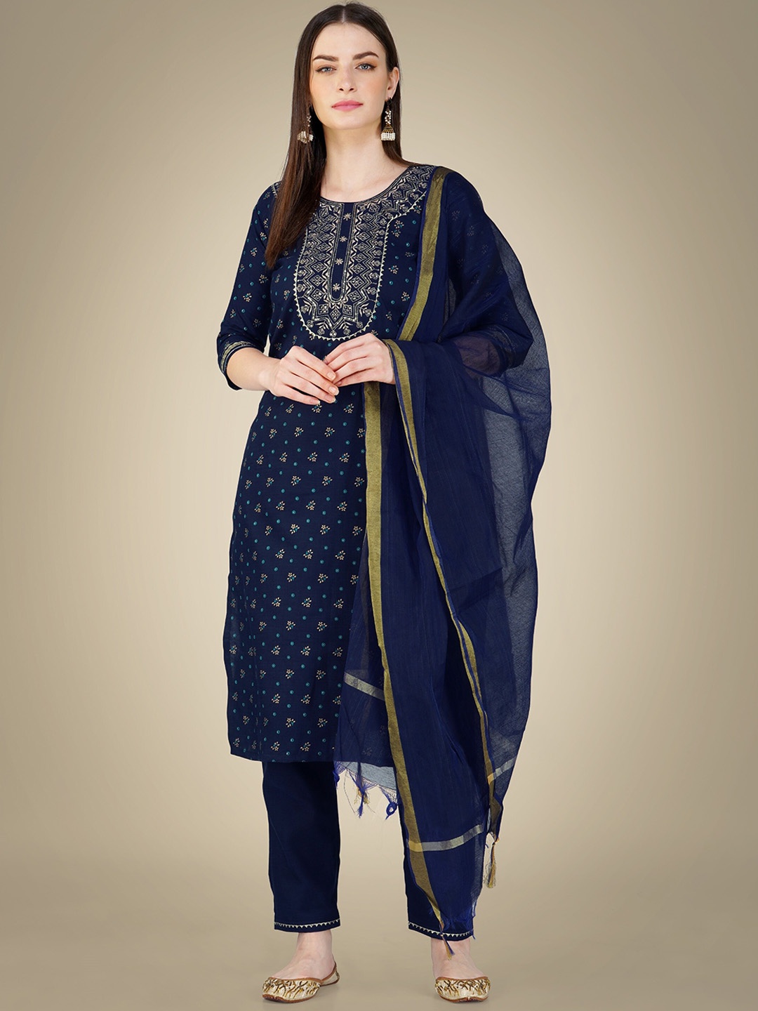 

Riddhi Textile Hub Floral Printed Straight Zardozi Kurta With Trousers & Dupatta, Navy blue