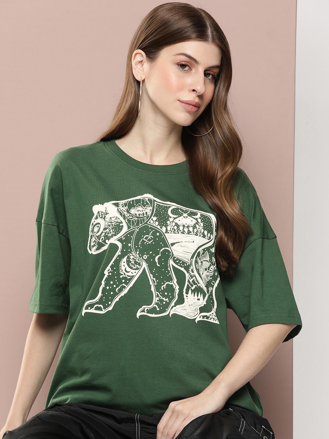 

Stormborn Women Graphic Printed Drop-Shoulder Sleeves T-shirt, Green