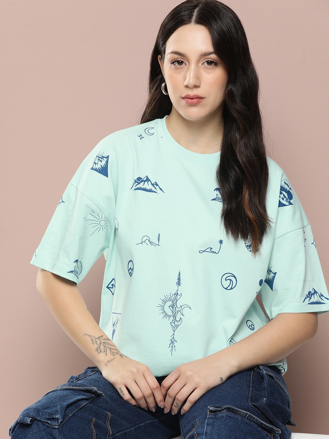 

Stormborn Women Graphic Printed Drop-Shoulder Sleeves T-shirt, Blue
