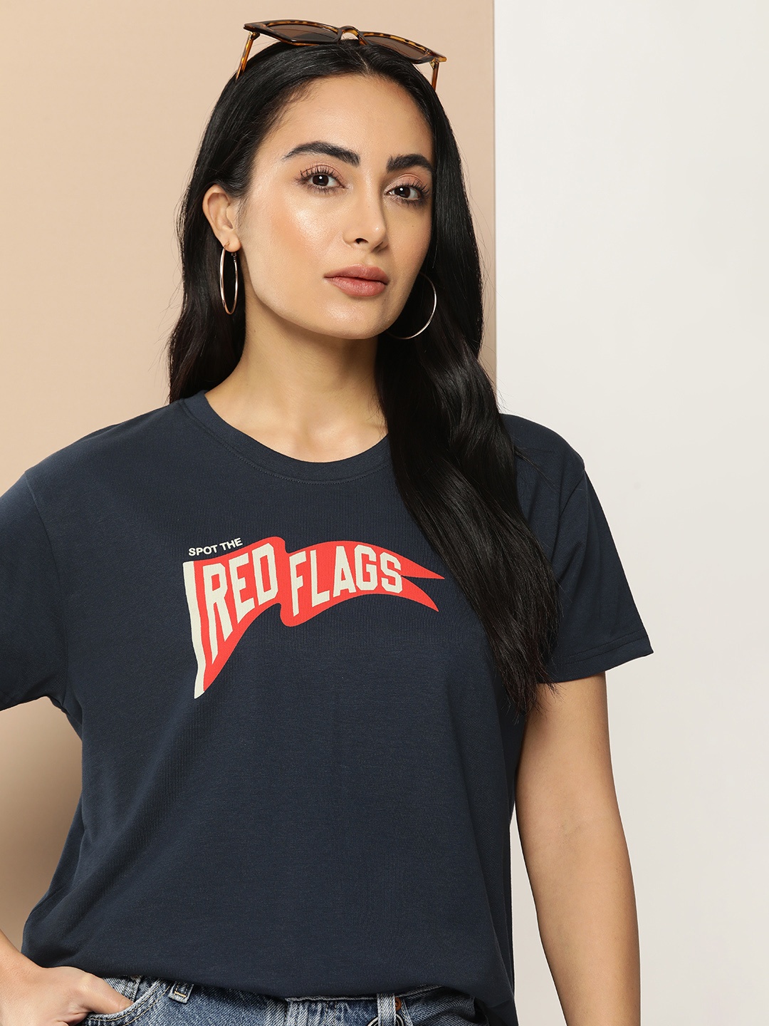 

Difference of Opinion Women Graphic Printed Boxy T-shirt, Navy blue