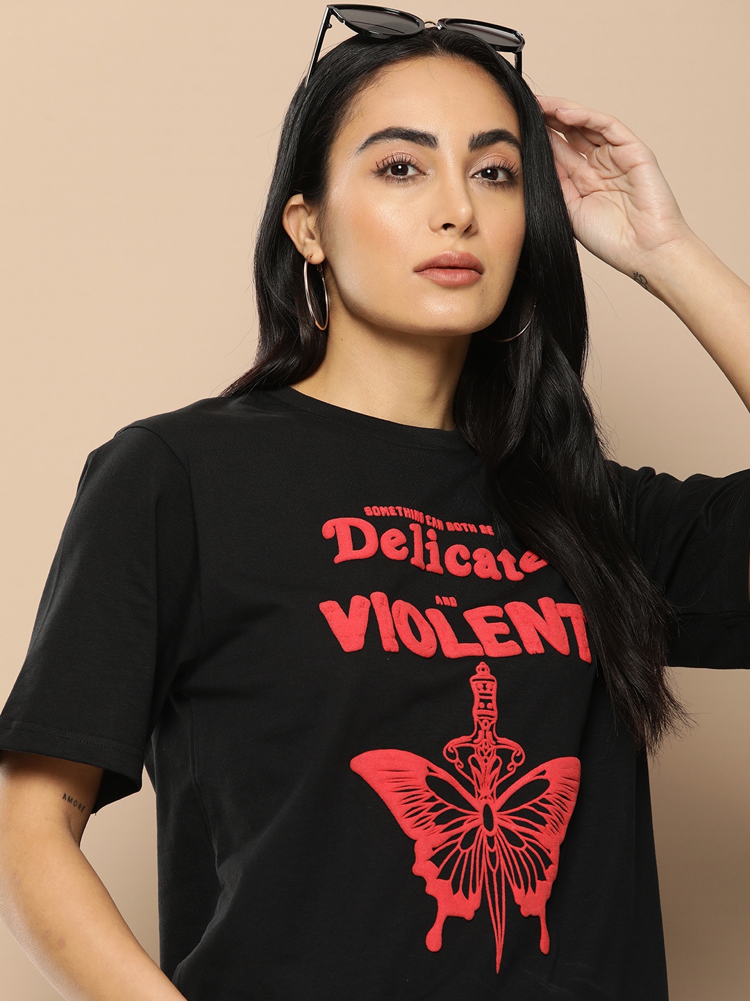 

Difference of Opinion Women Graphic Printed Embossed Oversized T-shirt, Black
