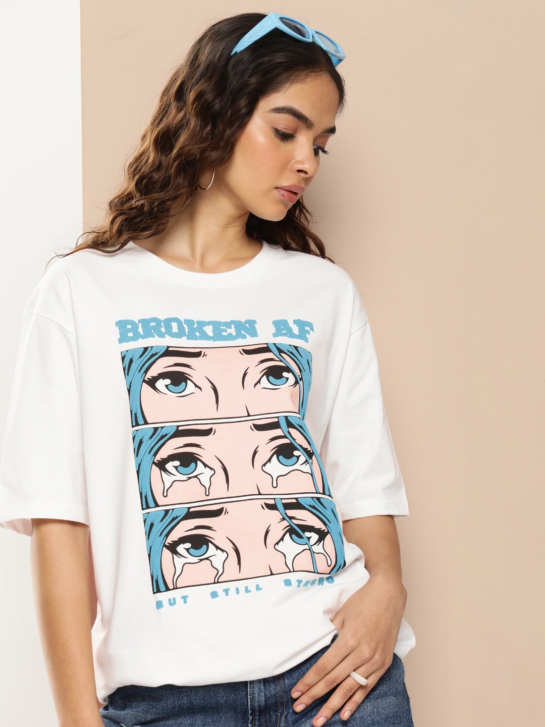 

Difference of Opinion Women Graphic Printed Embossed Oversized T-shirt, Off white