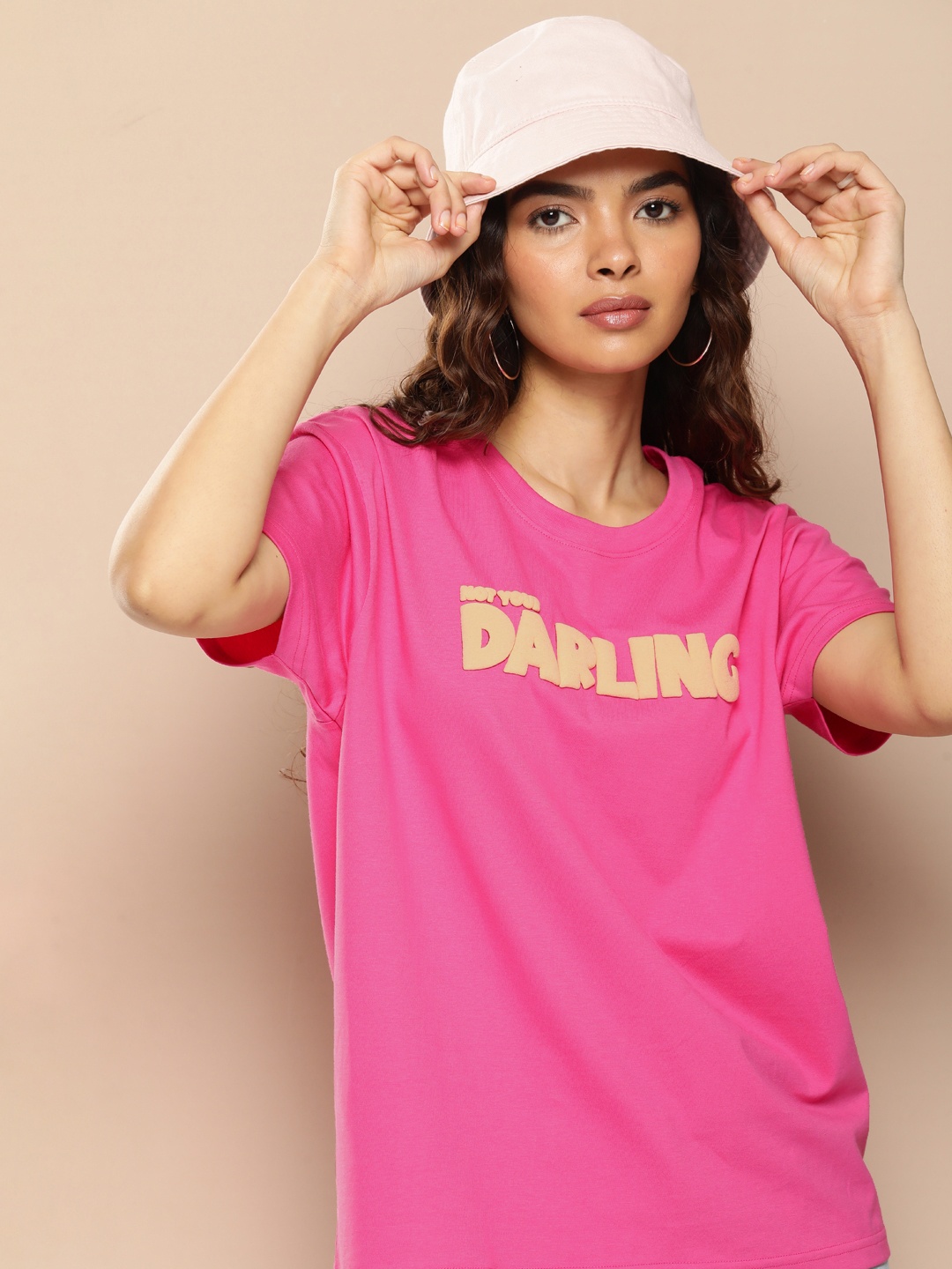 

Difference of Opinion Women Typography Printed Embossed Oversized T-shirt, Fuchsia