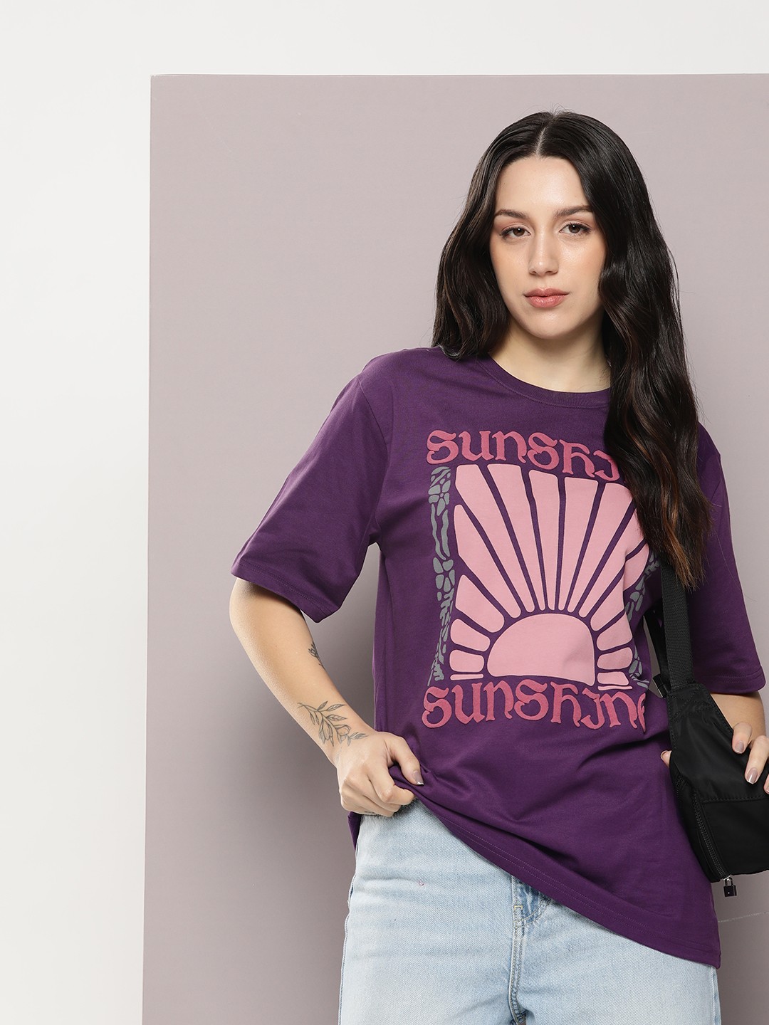 

DILLINGER Women Graphic Printed Embossed Oversized T-shirt, Purple