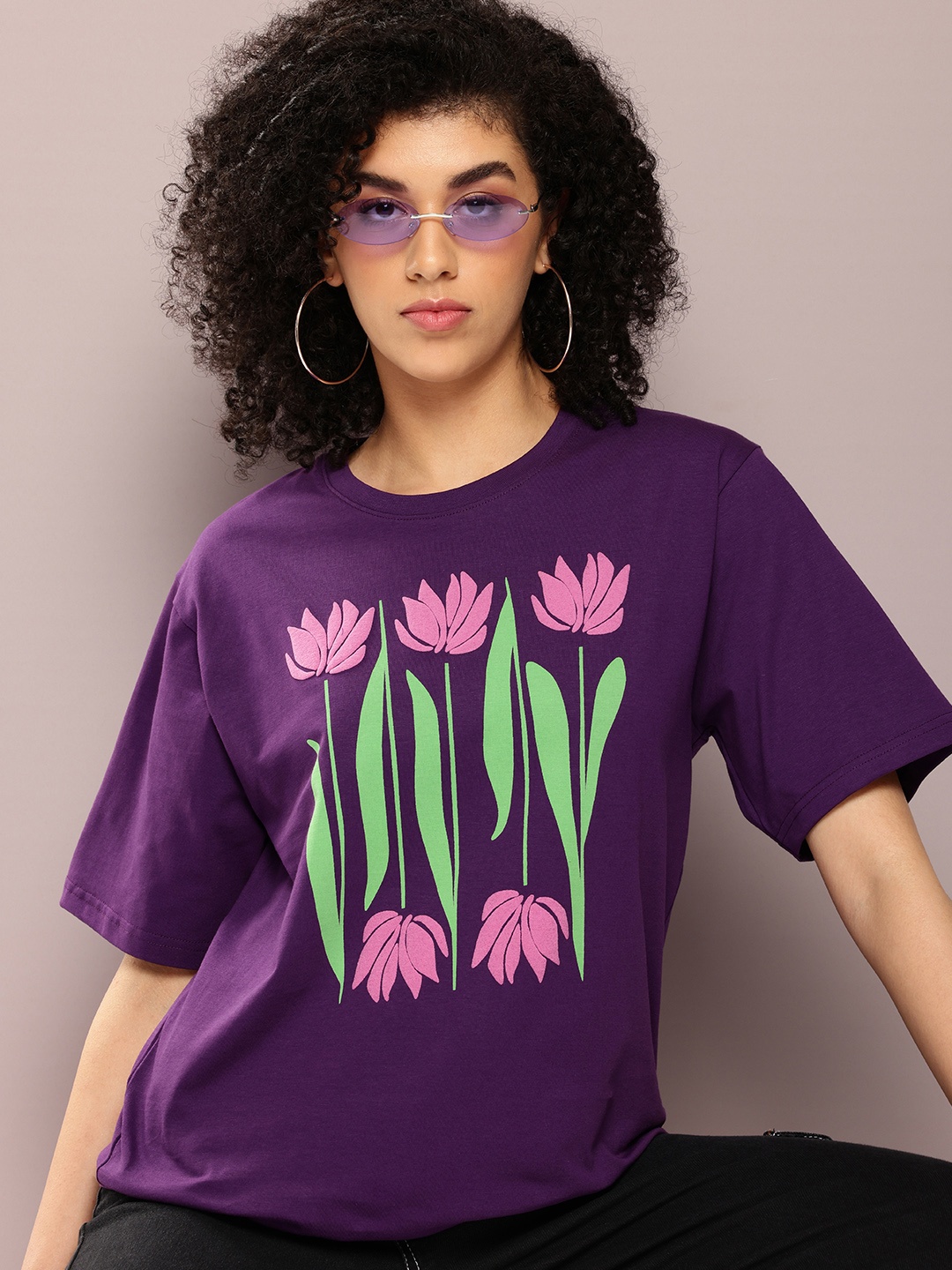

DILLINGER Women Graphic Printed Embossed Oversized T-shirt, Purple