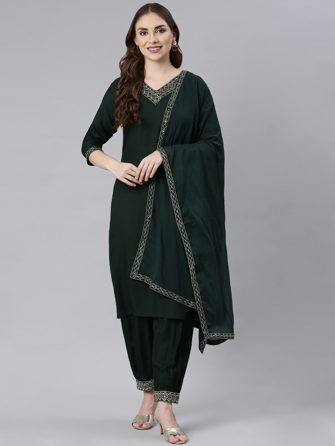 

ERISHA Sequinned Straight Kurta with Salwar & With Dupatta, Green