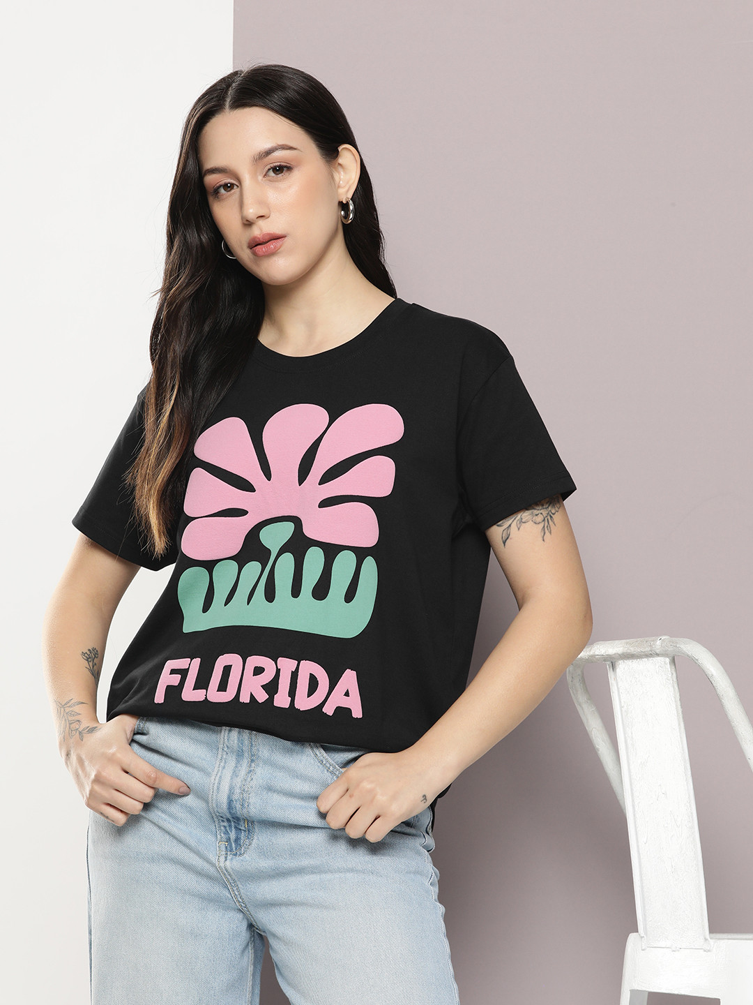 

DILLINGER Women Graphic Printed Embossed Oversized T-shirt, Black