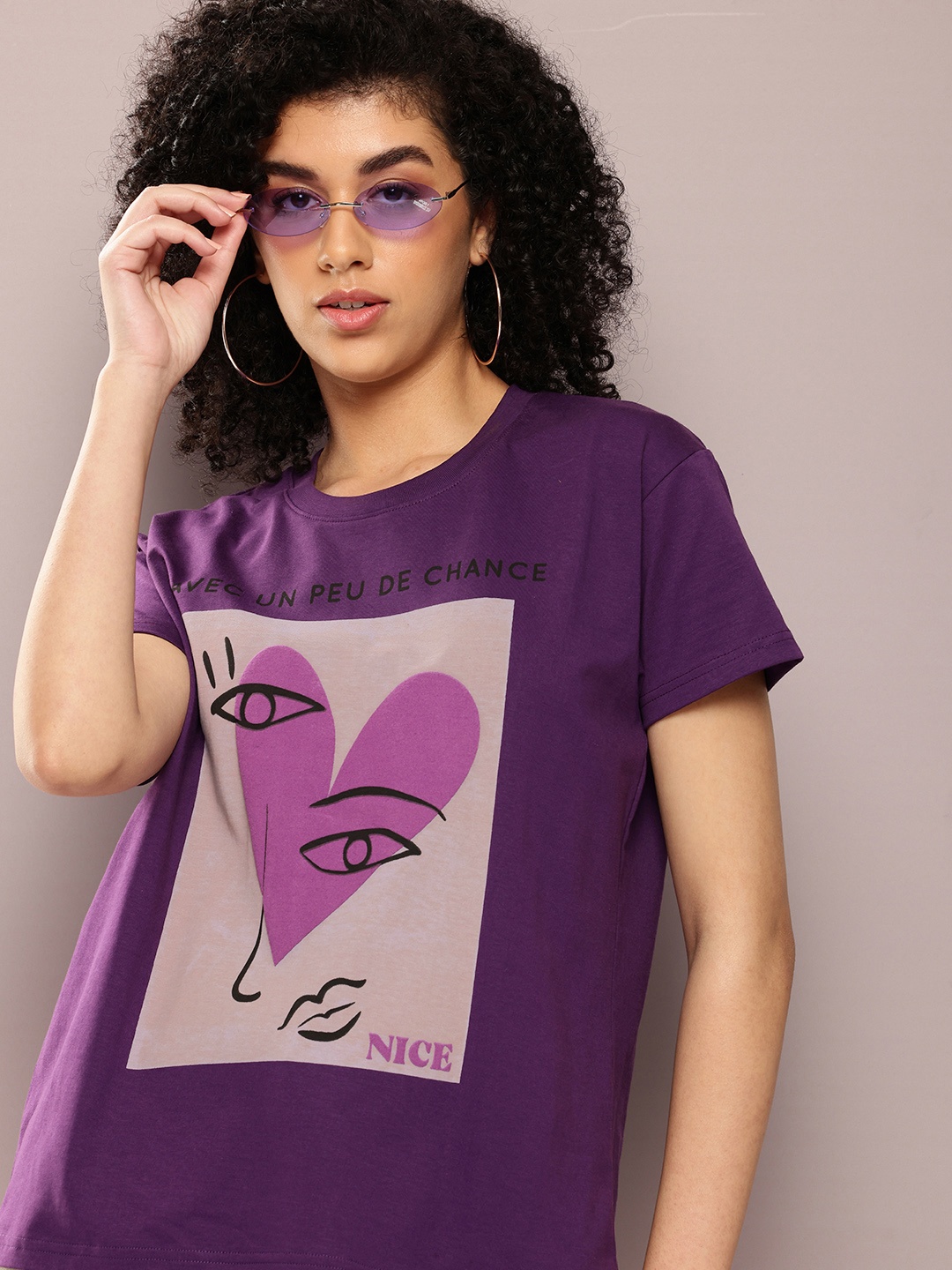 

DILLINGER Women Graphic Printed Embossed Oversized T-shirt, Purple