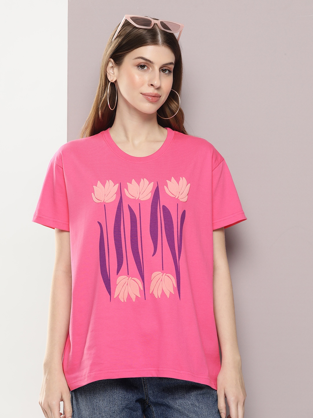 

DILLINGER Women Graphic Printed Embossed Oversized T-shirt, Fuchsia
