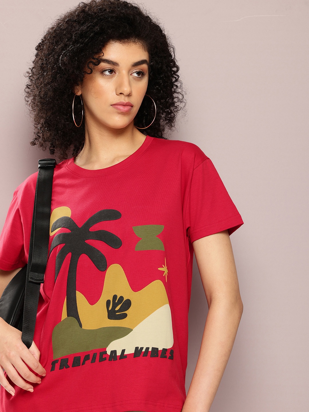 

DILLINGER Women Graphic Printed Embossed Oversized T-shirt, Red