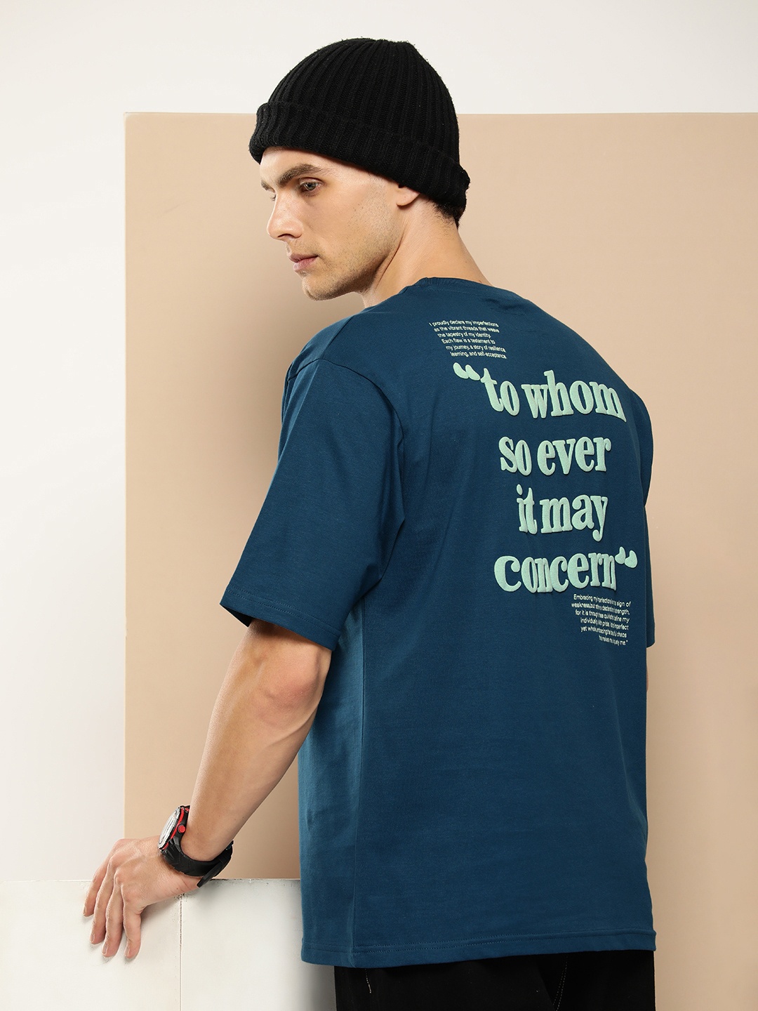 

Difference of Opinion Men Typography Printed Embossed Oversized T-shirt, Blue