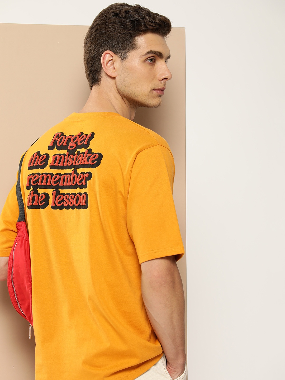 

Difference of Opinion Men Typography Printed Embossed Oversized T-shirt, Mustard
