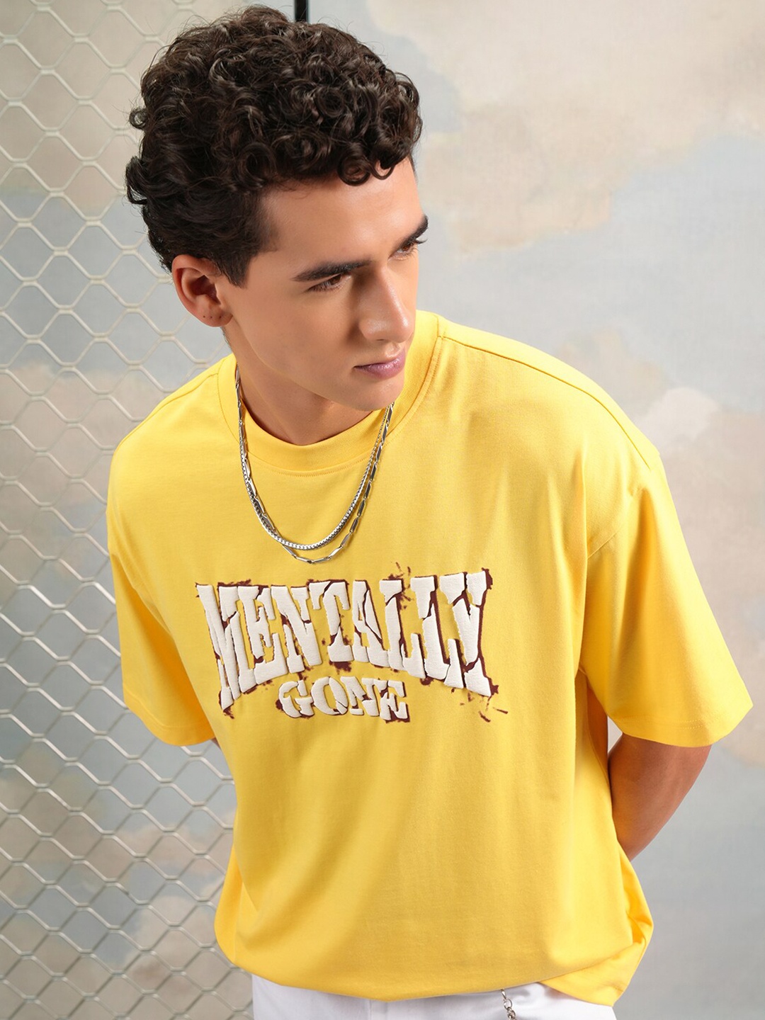 

HIGHLANDER Typography Puff Printed Round Neck Extended Sleeves Cotton Oversized T-shirt, Yellow