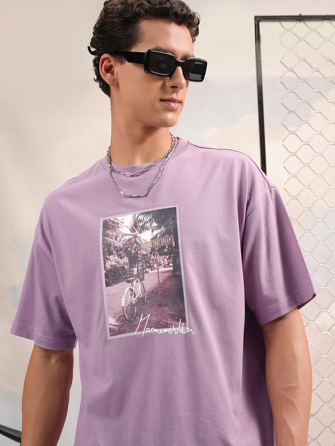 

HIGHLANDER Graphic Puff Printed Round Neck Oversized T-shirt, Mauve