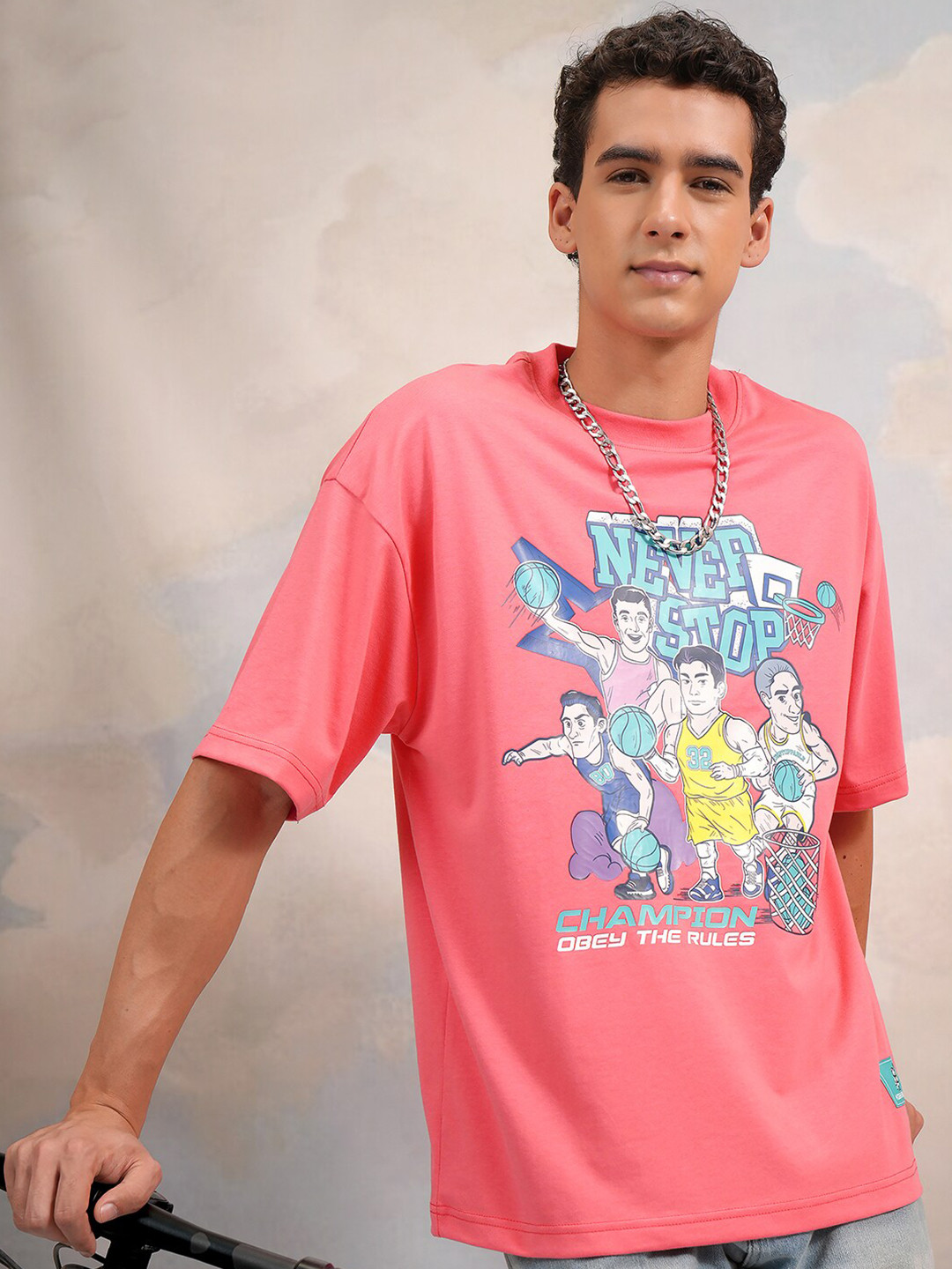 

HIGHLANDER Typography Puff Printed Round Neck Oversized T-shirt, Rose