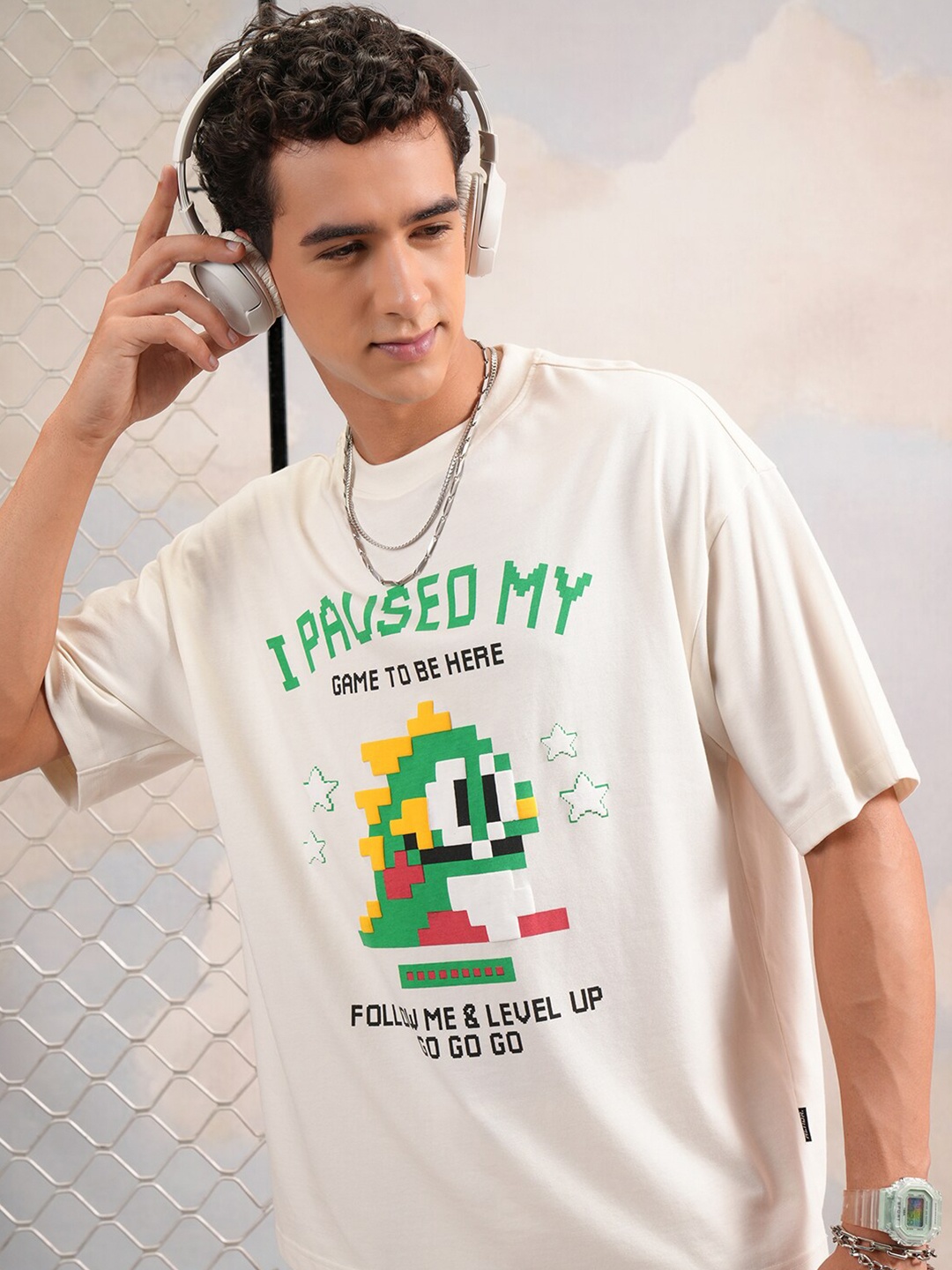 HIGHLANDER Typography Puff Printed Round Neck Oversized T-shirt, Off white