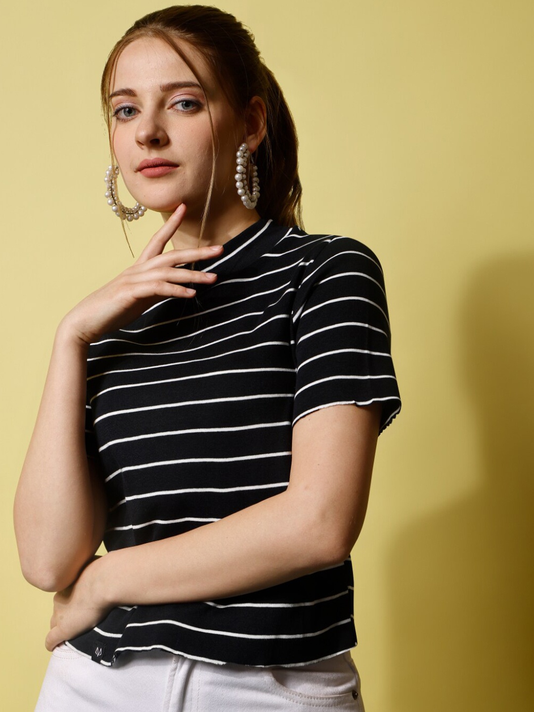 

WESTHOOD Striped High Neck Cotton Top, Black