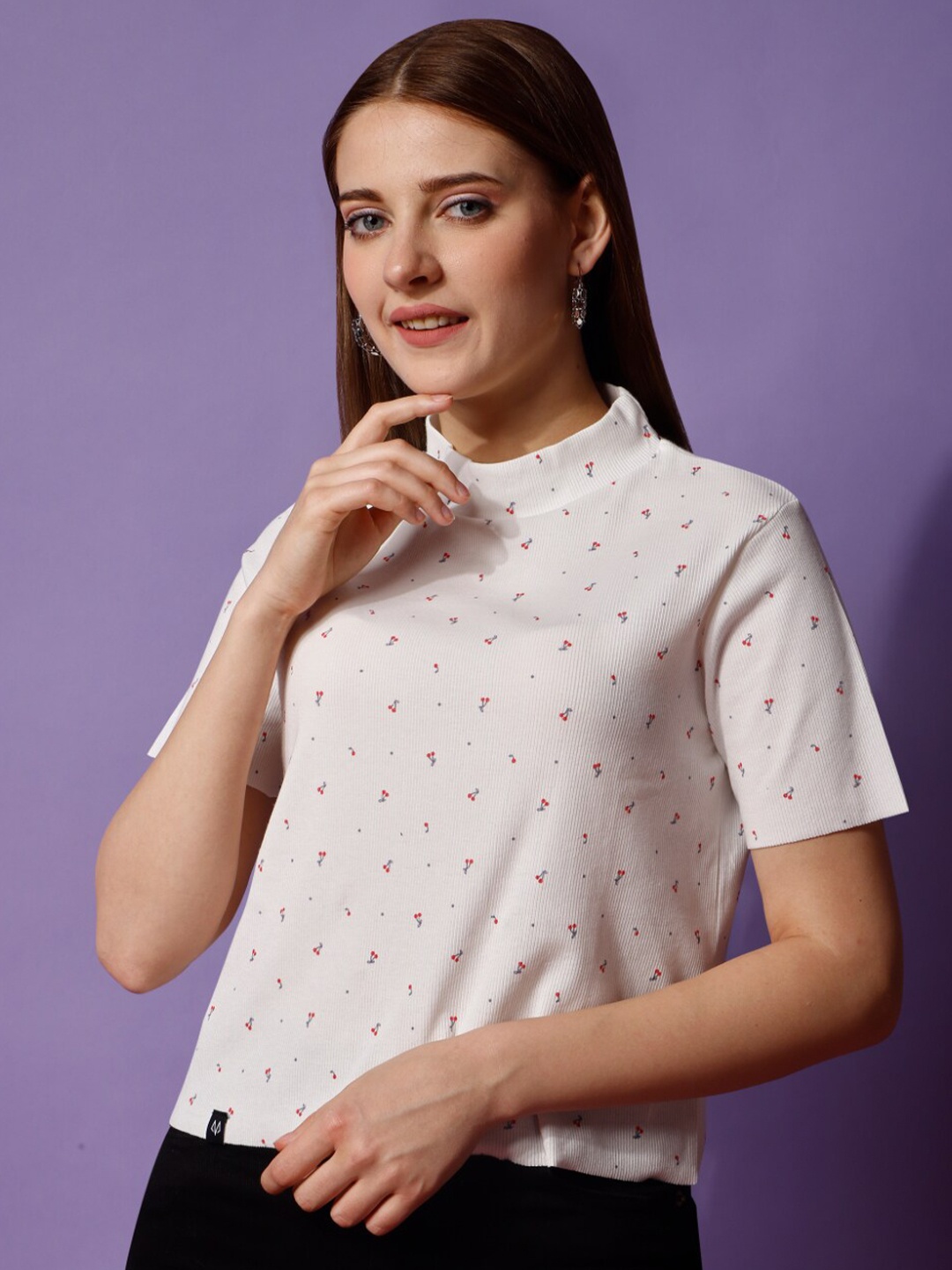 

WESTHOOD Conversational Printed High Neck Cotton Top, White