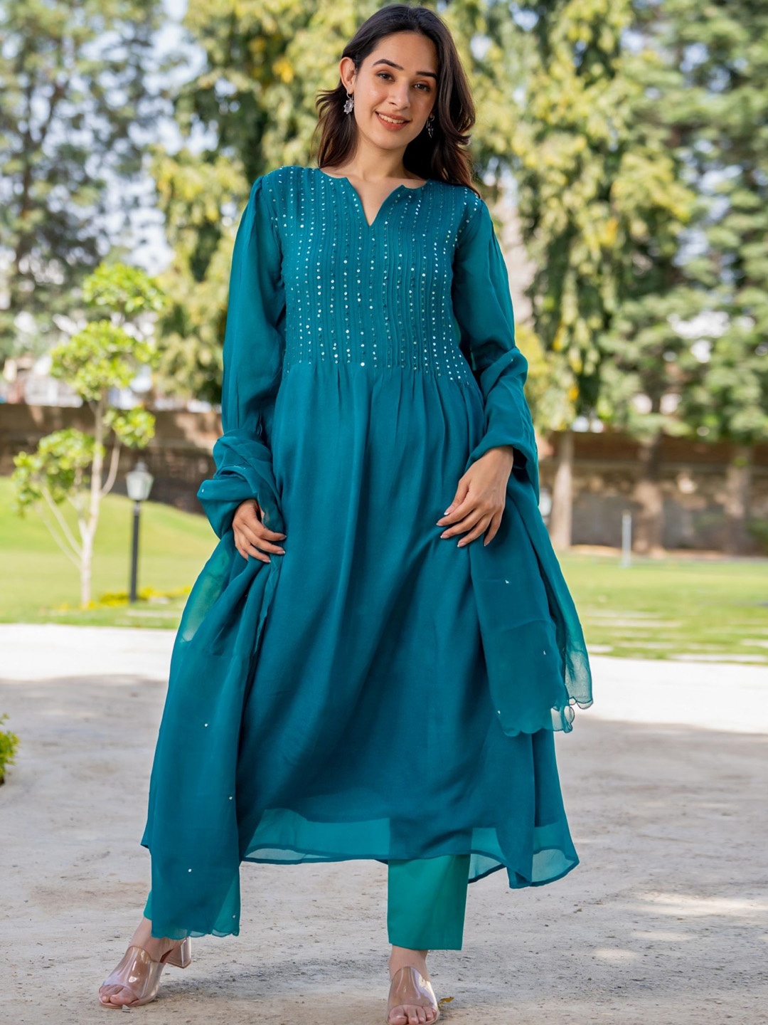 

HOUSE OF JAMOTI Embroidered Pleated Sequinned Kurta with Trousers & Dupatta, Turquoise blue