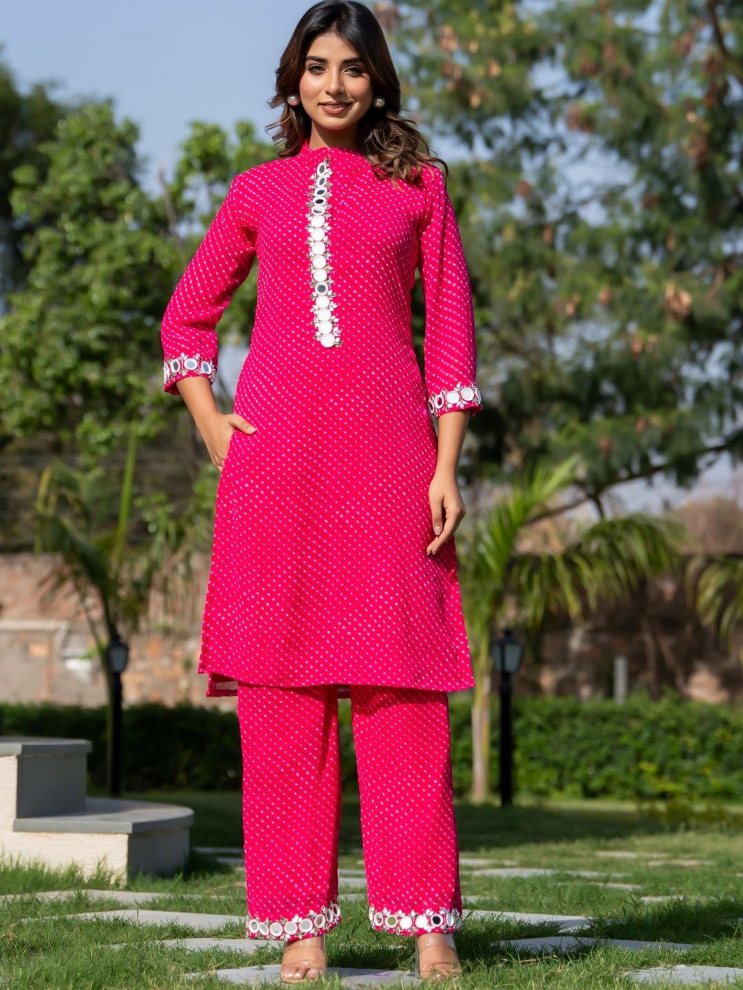 

HOUSE OF JAMOTI Polka Dots Printed Mirror Work Straight Kurta with Trousers, Pink