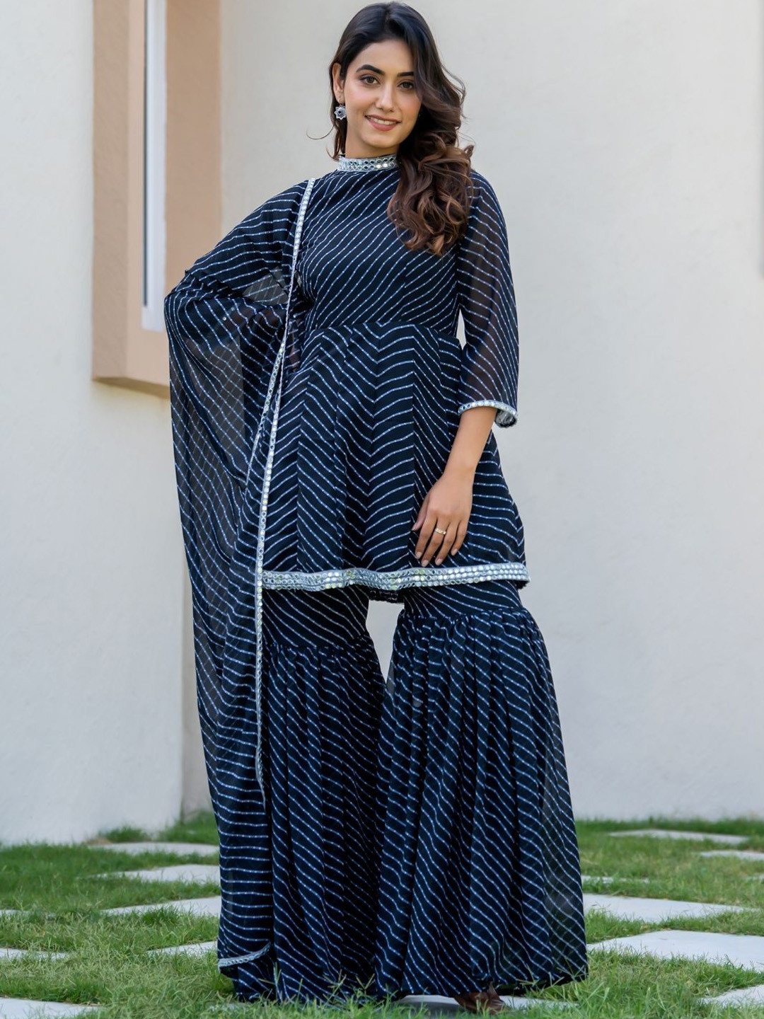 

HOUSE OF JAMOTI Leheriya Printed Empire Mirror Work Kurti with Sharara & Dupatta, Black