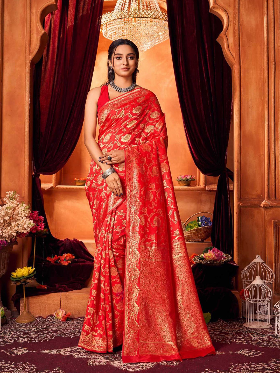 

KALINI Ethnic Motifs Zari Pure Silk Kanjeevaram Saree, Red