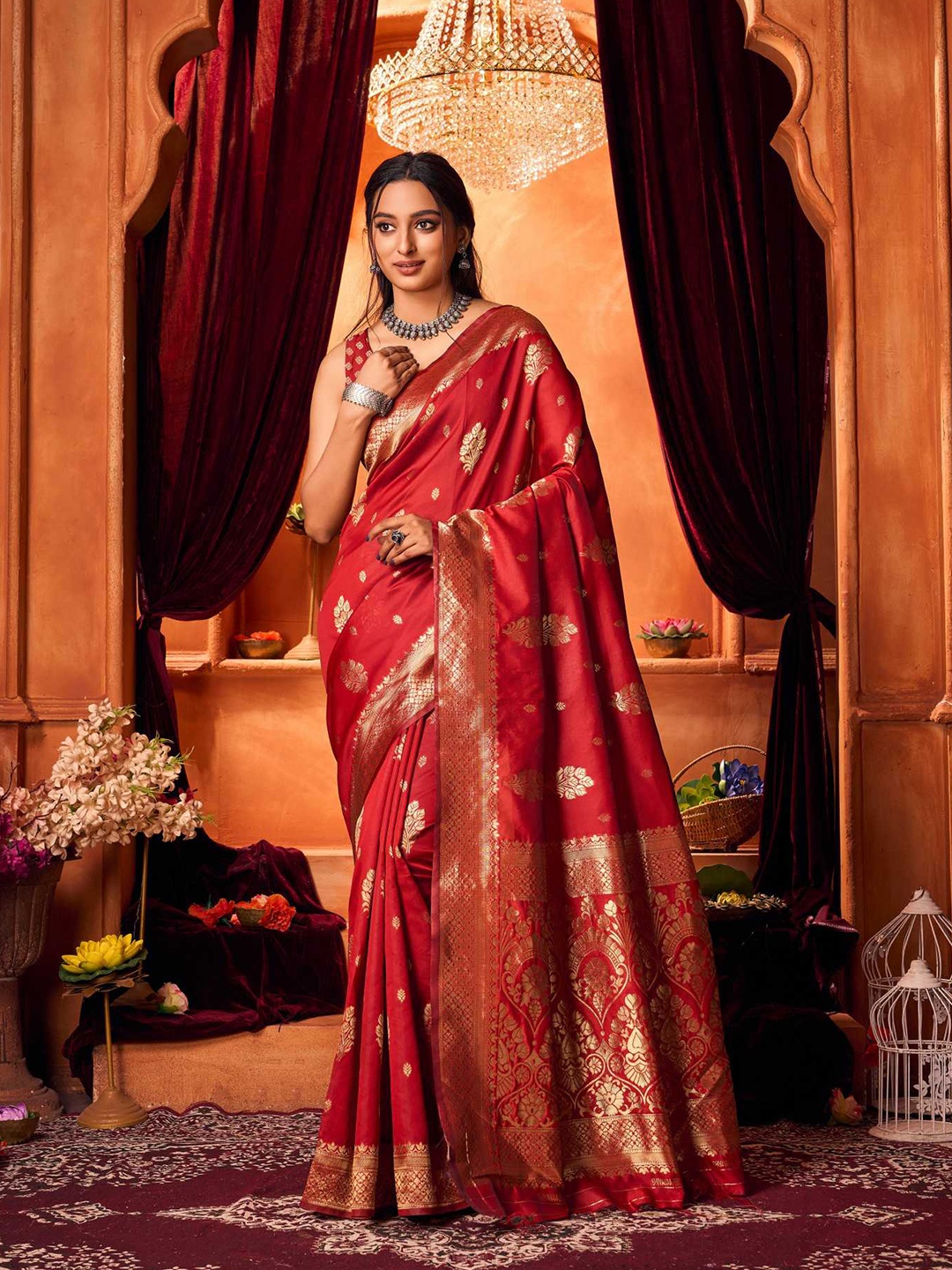 

KALINI Women Ethnic Motifs Zari Pure Silk Kanjeevaram Saree, Red
