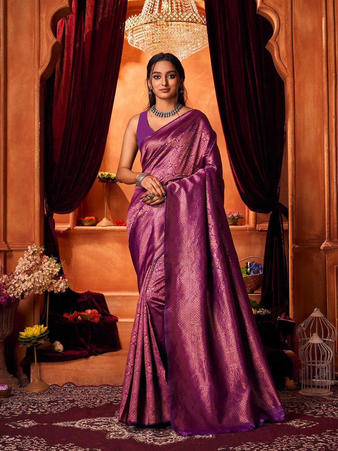 

KALINI Ethnic Motifs Woven Design Zari Pure Silk Kanjeevaram Saree, Purple