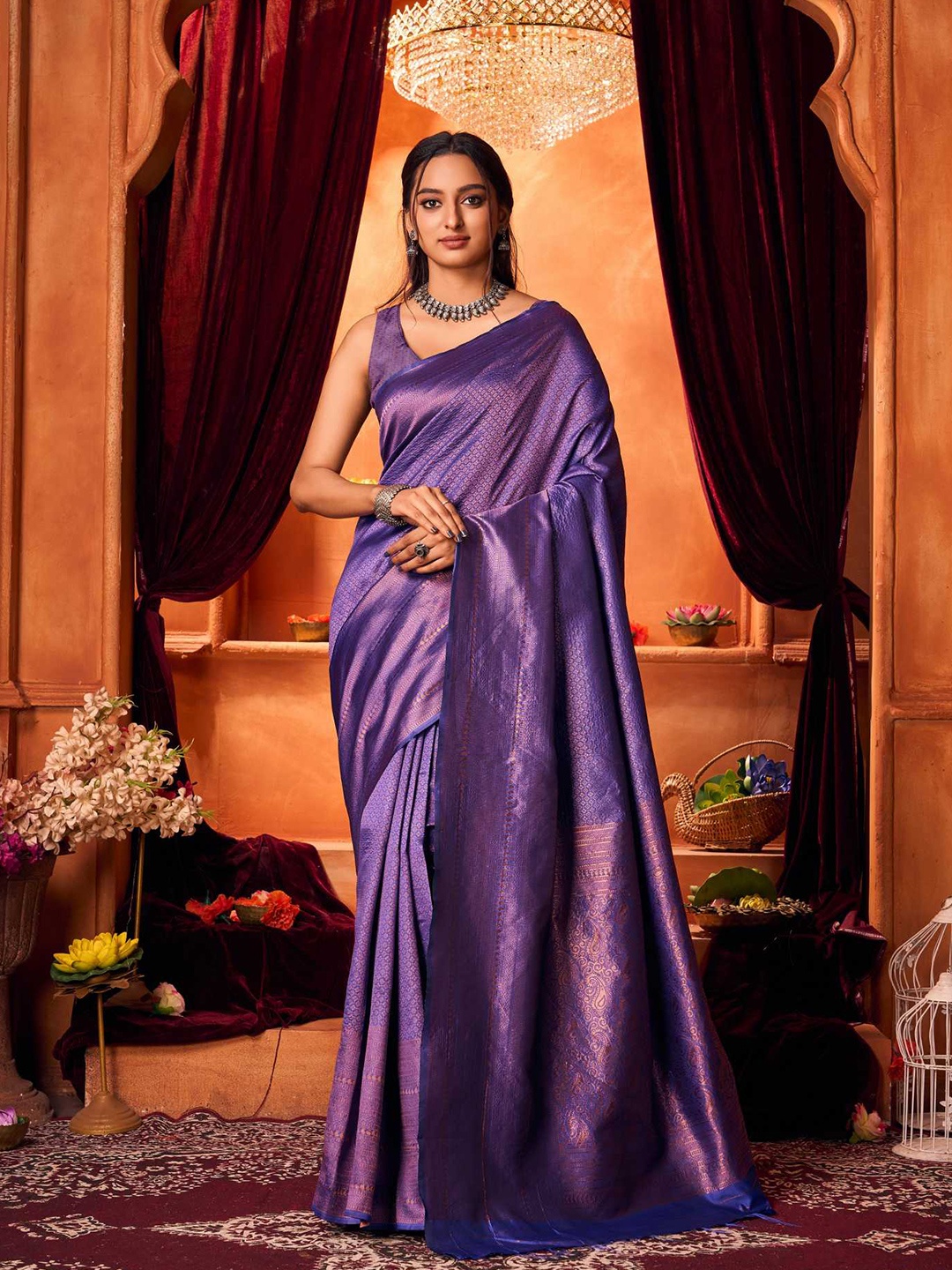 

KALINI Women Ethnic Motifs Zari Pure Silk Kanjeevaram Saree, Blue