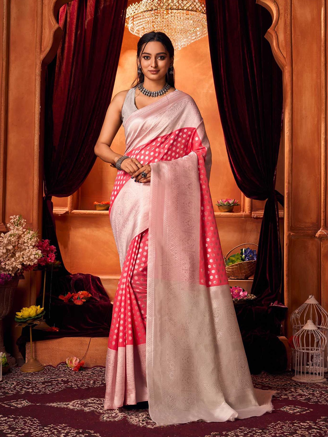 

KALINI Ethnic Motifs Zari Pure Silk Kanjeevaram Saree, Silver