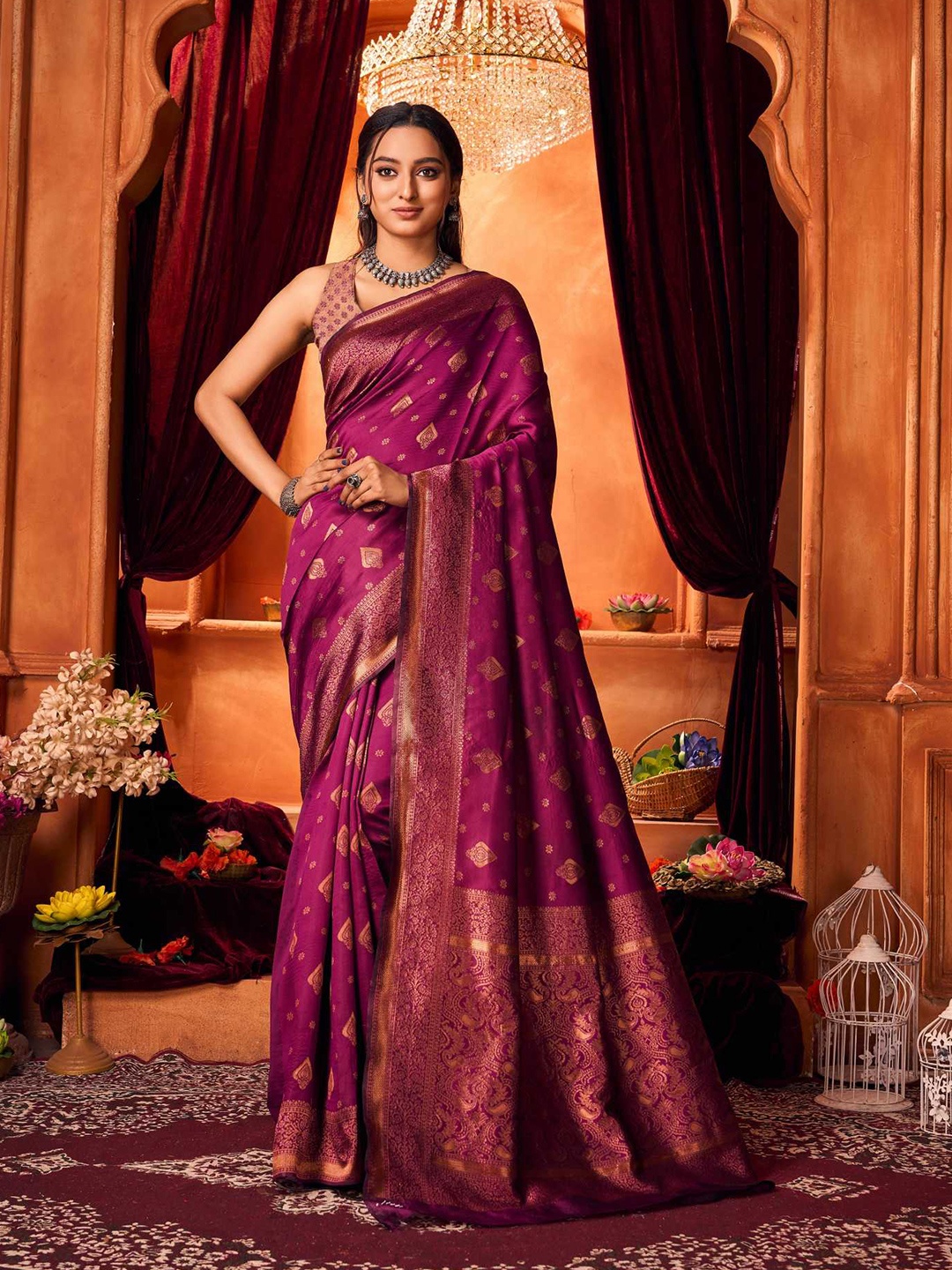 

KALINI Ethnic Motifs Zari Pure Silk Kanjeevaram Saree, Purple