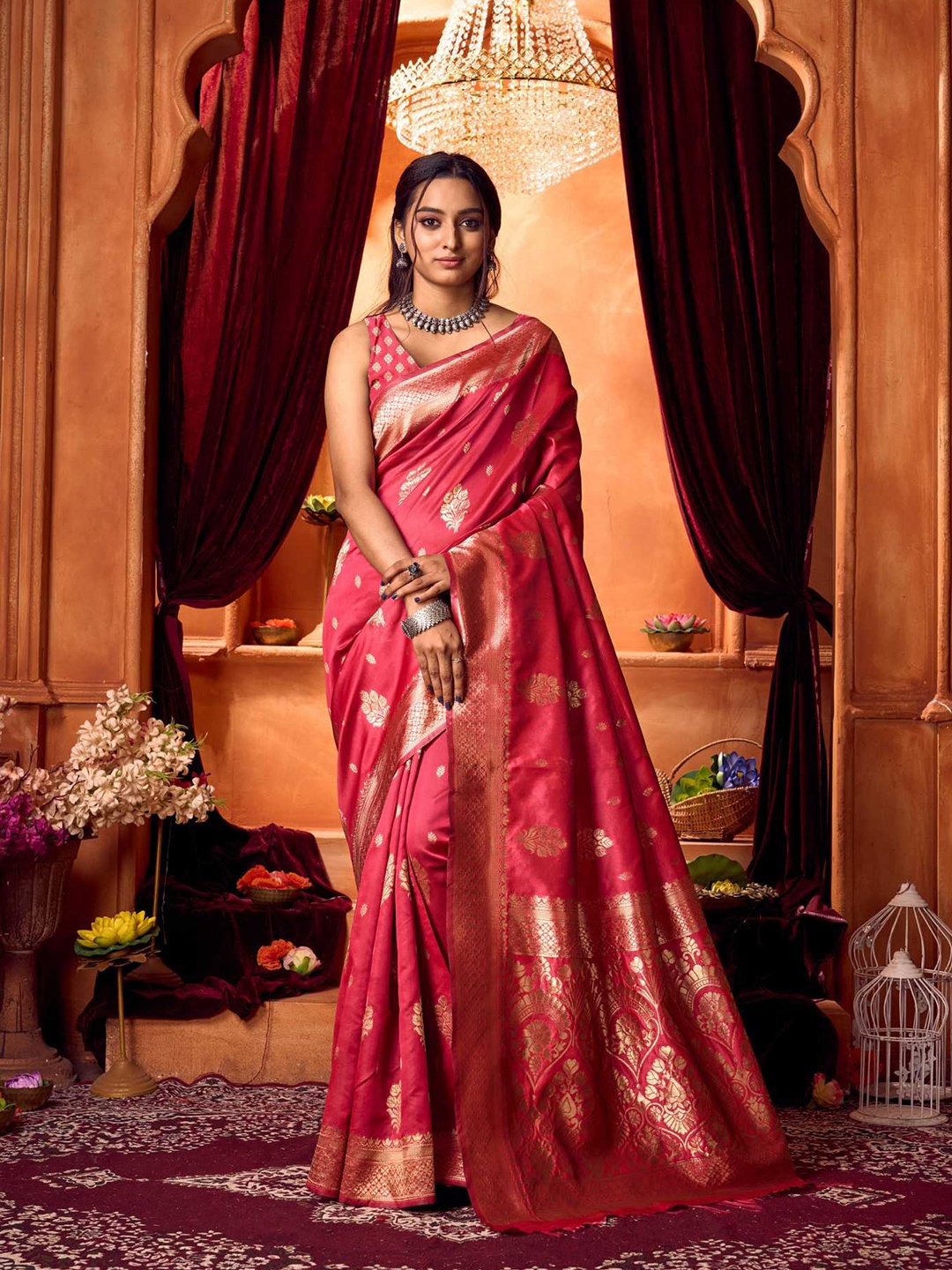 

KALINI Ethnic Motifs Zari Pure Silk Kanjeevaram Saree, Pink