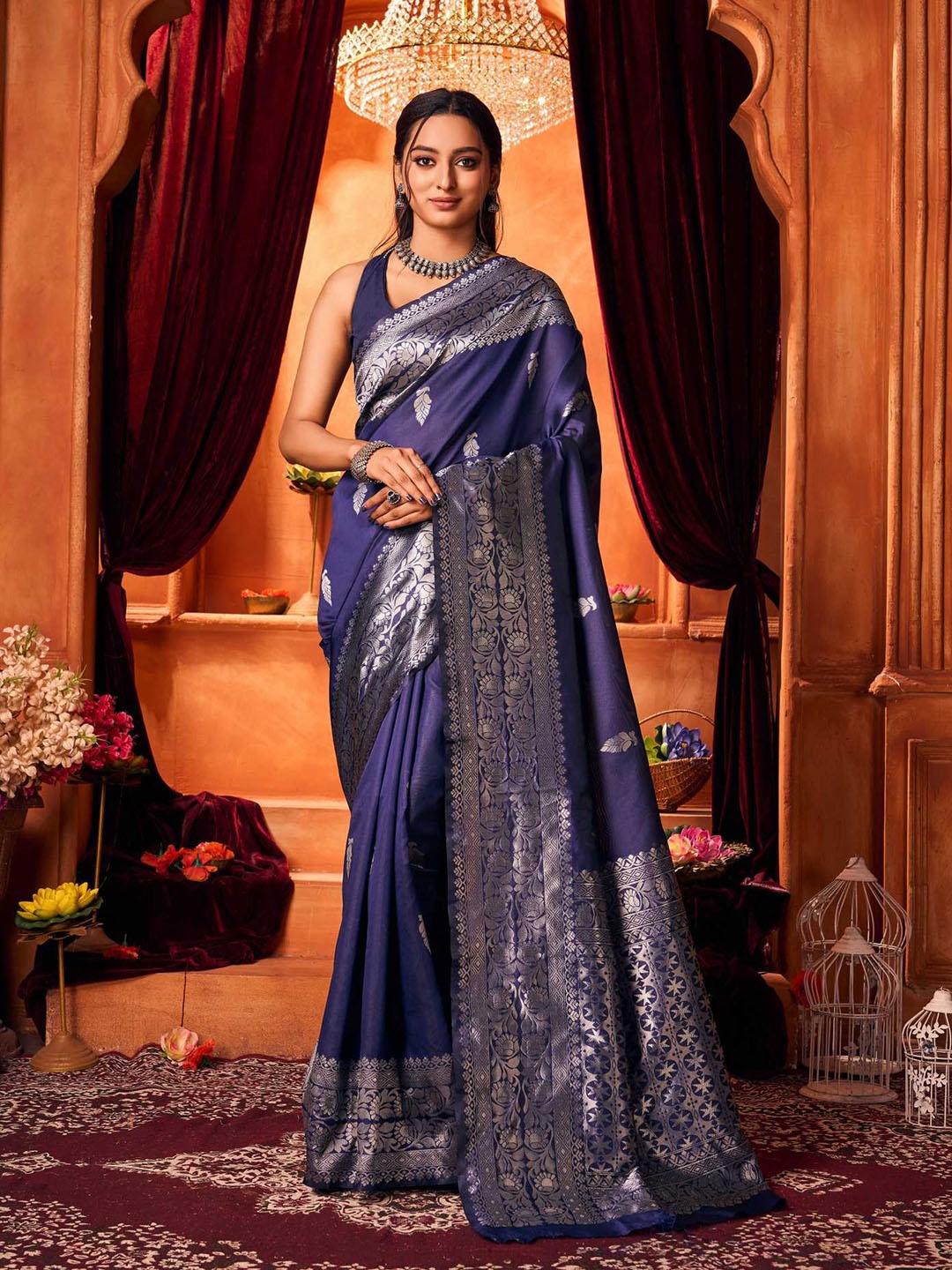 

KALINI Women Woven Design Zari Kanjeevaram Pure Silk Saree, Blue