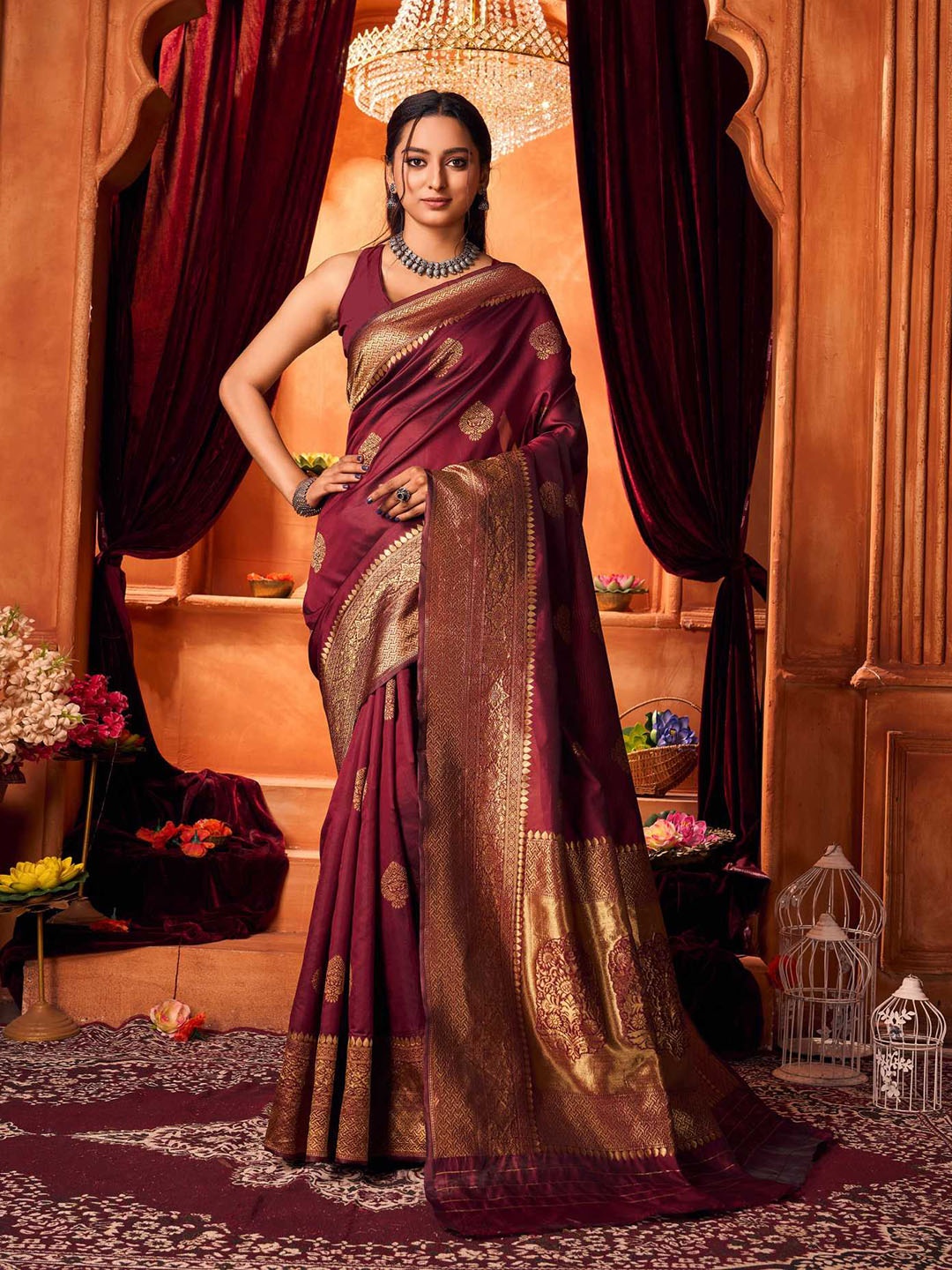 

KALINI Ethnic Motifs Zari Pure Silk Kanjeevaram Saree, Maroon
