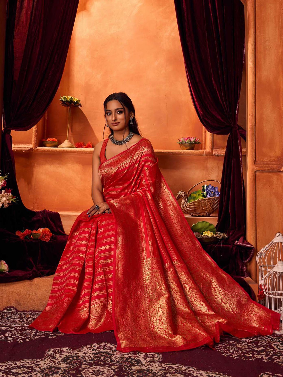 

KALINI Ethnic Motifs Zari Pure Silk Kanjeevaram Saree, Red