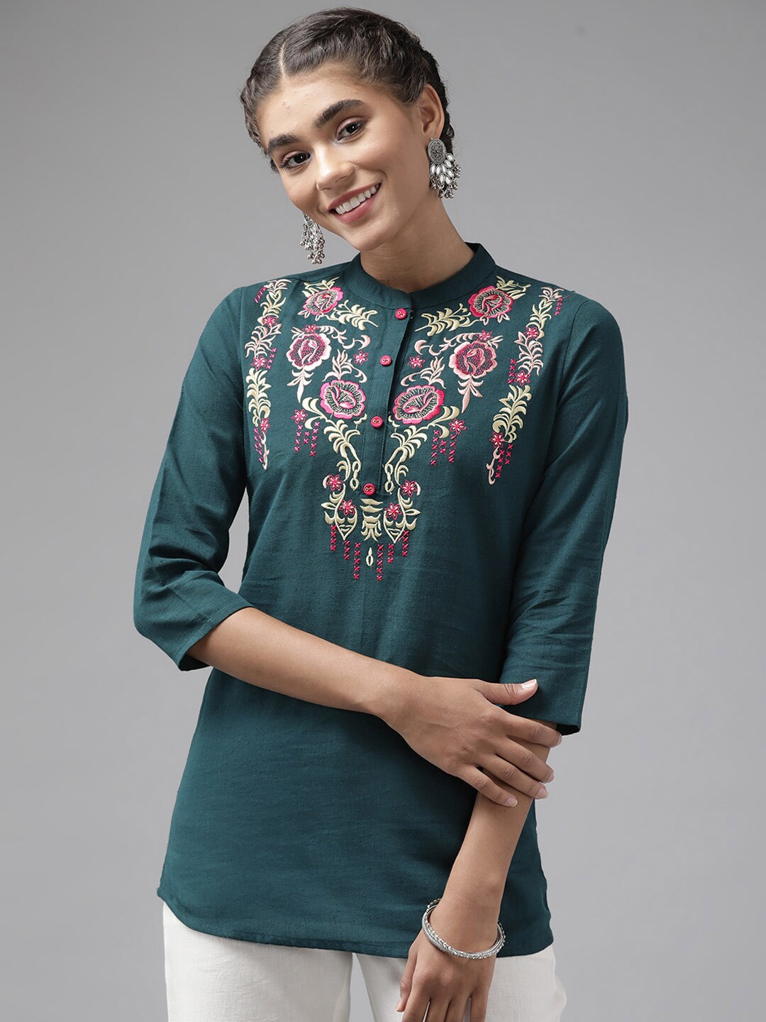 

KALINI Floral Embroidered Mandarin Collar Pure Cotton Top, Blue