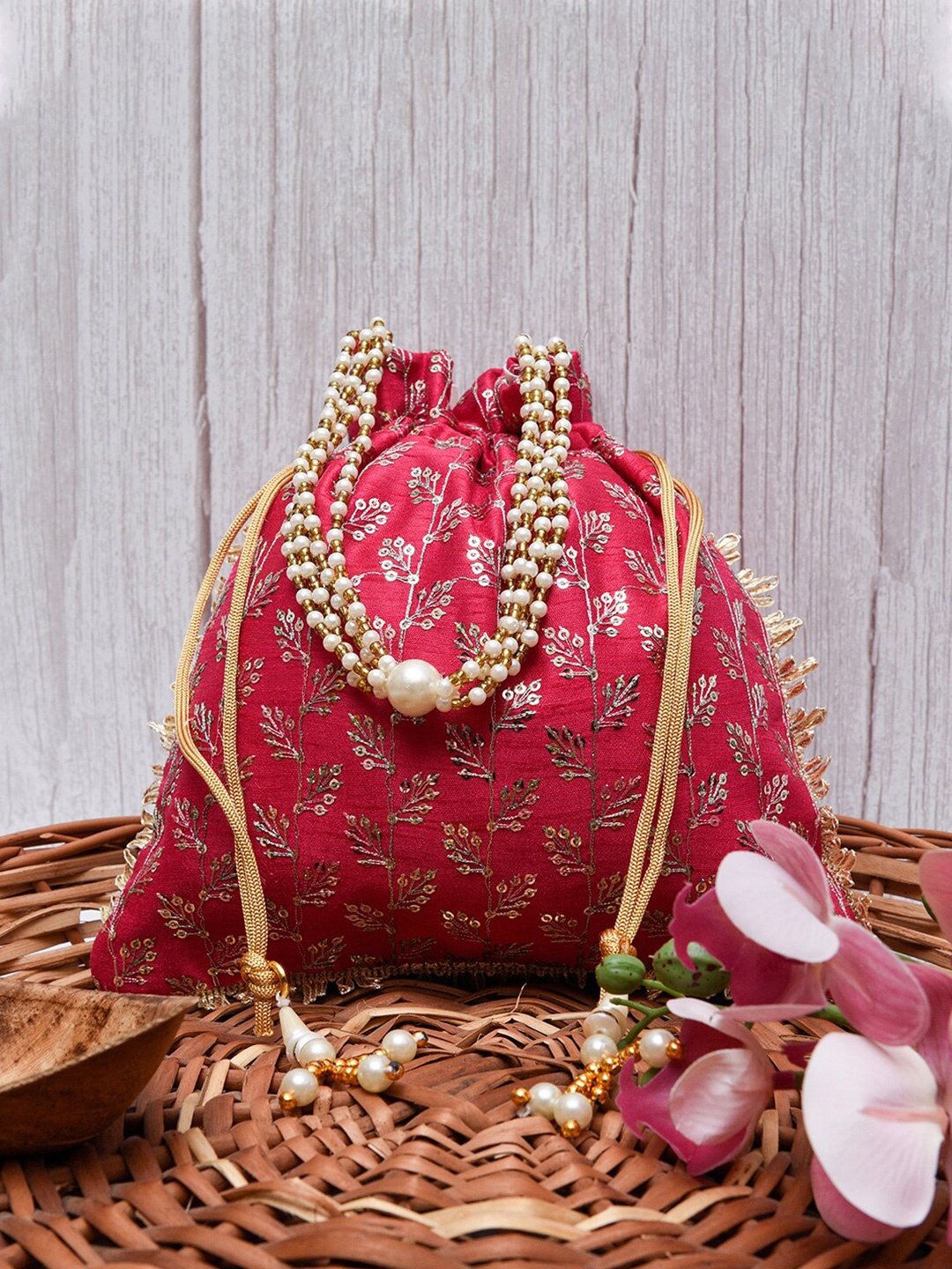 

Kuber Industries Set Of 2 Embroidered Silk Potli Bag, Pink