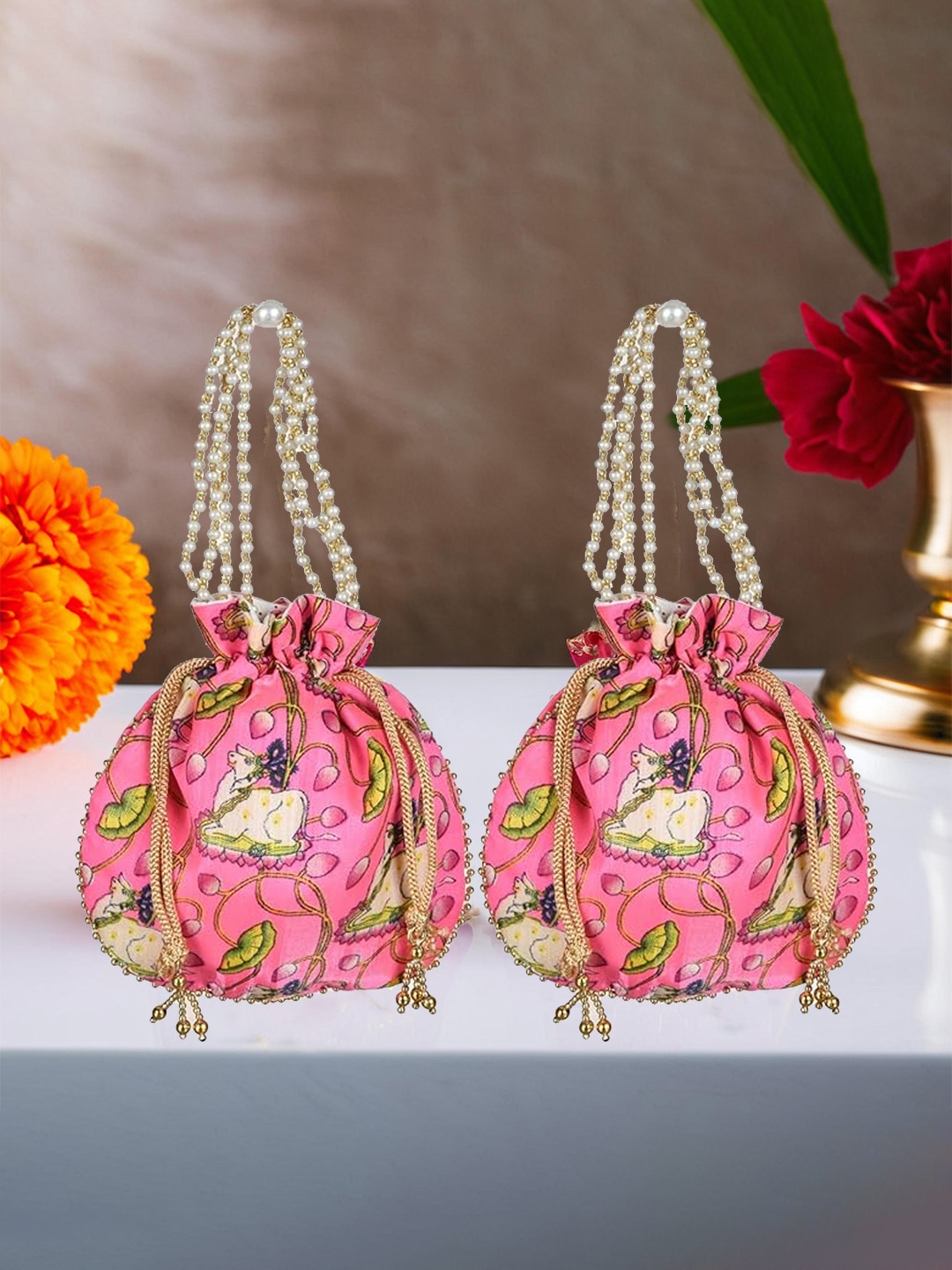 

Kuber Industries Pack of 2 Printed Embroidered Potli Clutches, Pink