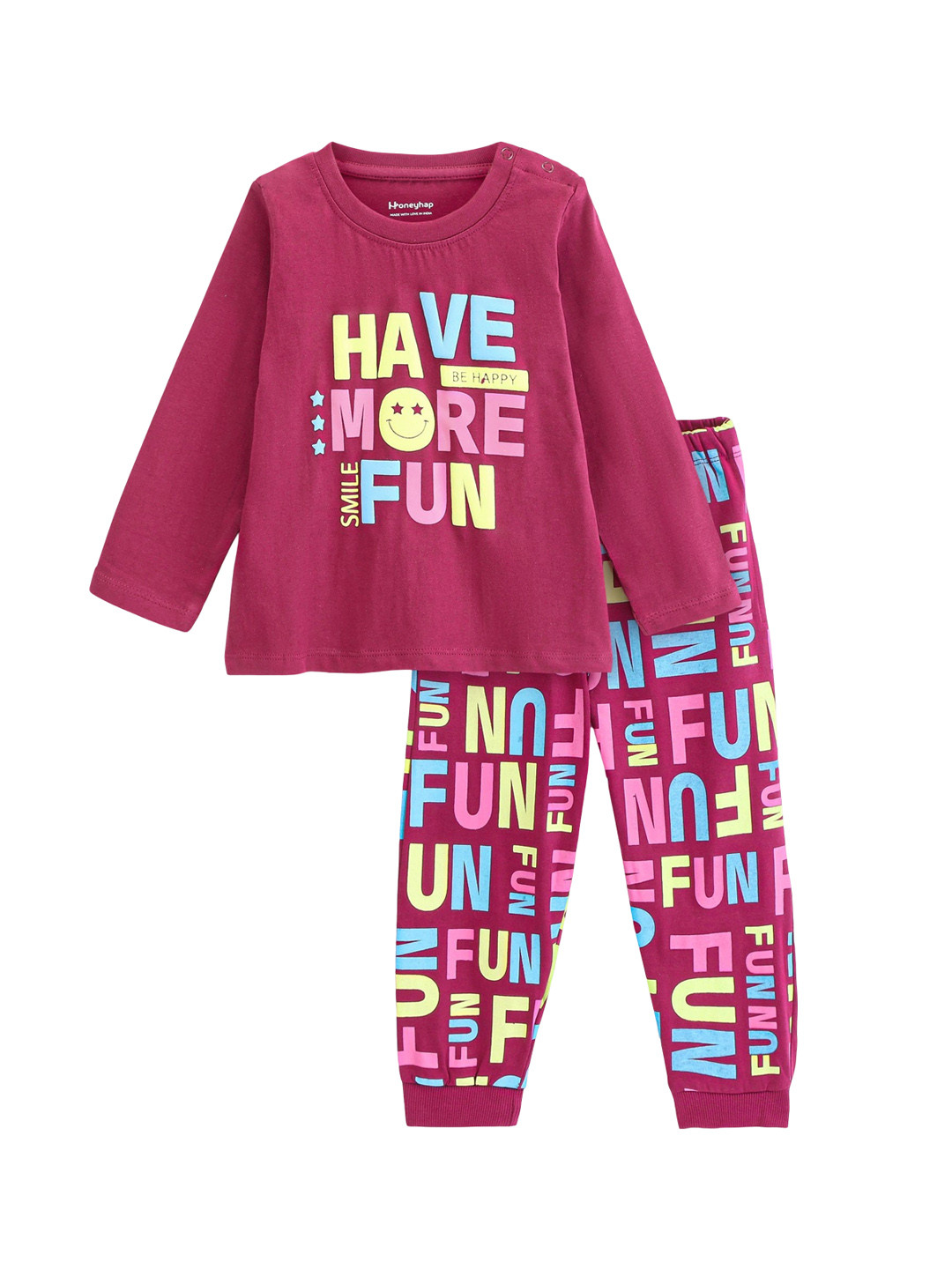 

Honeyhap Girls Typography Printed Pure Cotton Night suit, Purple