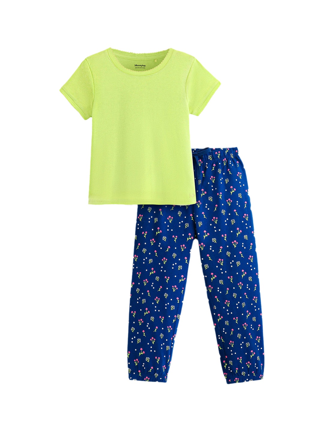 

Honeyhap Girls Round Neck Pure Cotton Night suit, Lime green