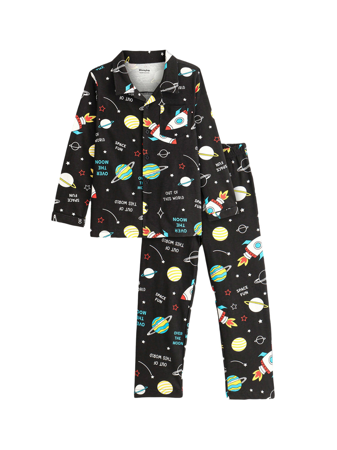

Honeyhap Boys Conversational Printed Pure Cotton Night suit, Black