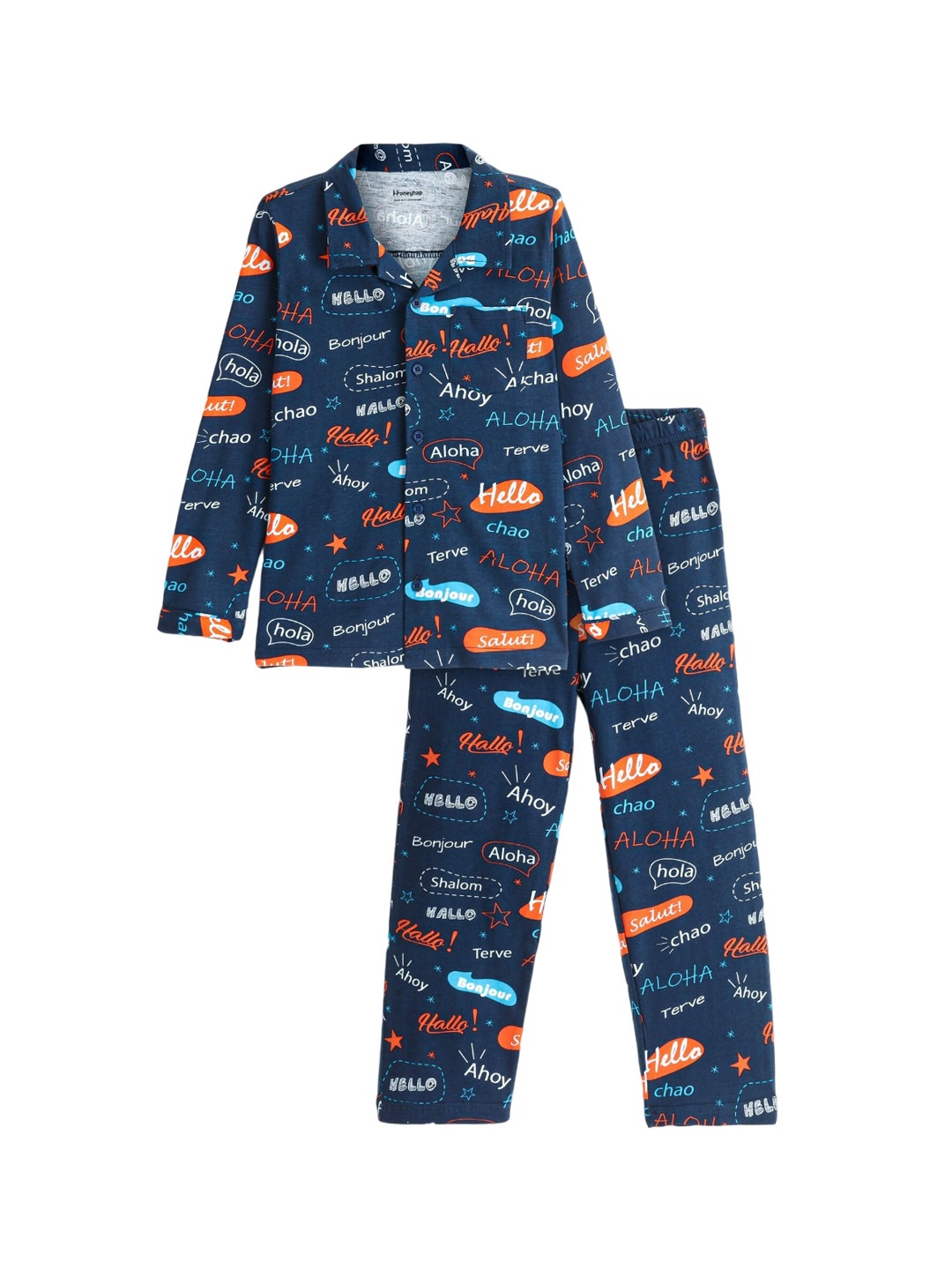

Honeyhap Boys Conversational Printed Pure Cotton Night suit, Navy blue