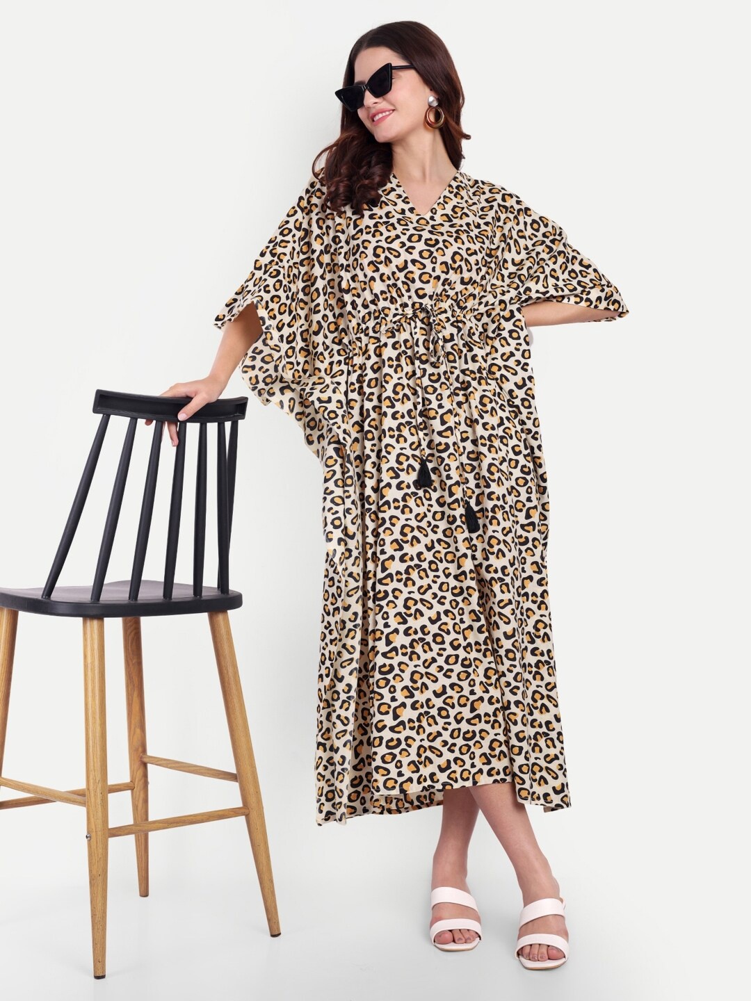 

Bohekant Leopard Printed Cotton Kaftan Dress, Beige