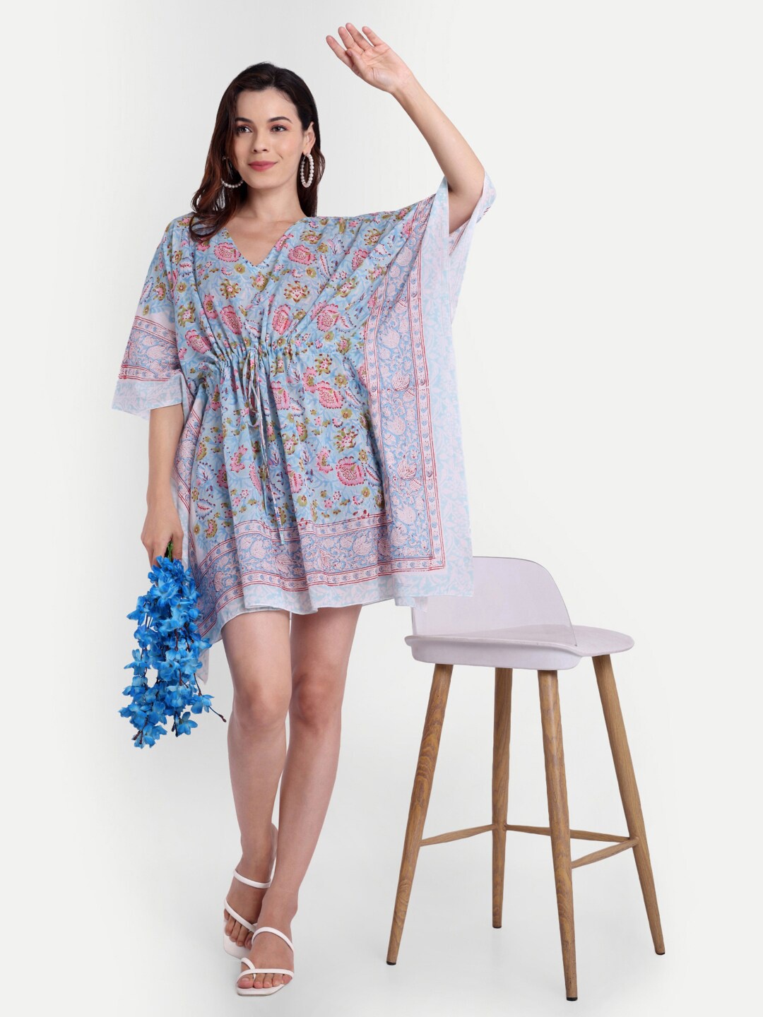 

Bohekant Block Printed Pure Cotton Kaftan Dress, Turquoise blue