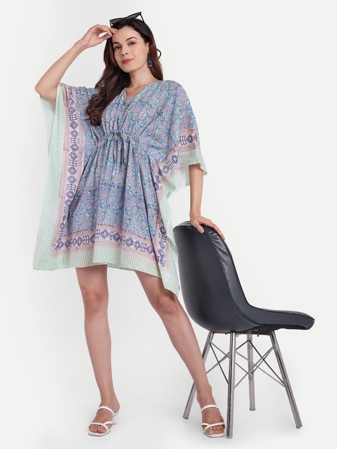 

Bohekant Block Printed Pure Cotton Kaftan Dress, Blue