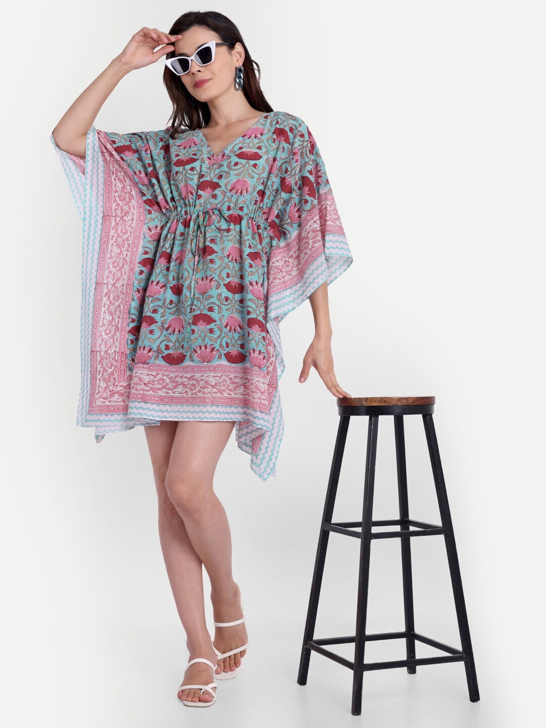 

Bohekant Block Printed Pure Cotton Kaftan Dress, Turquoise blue