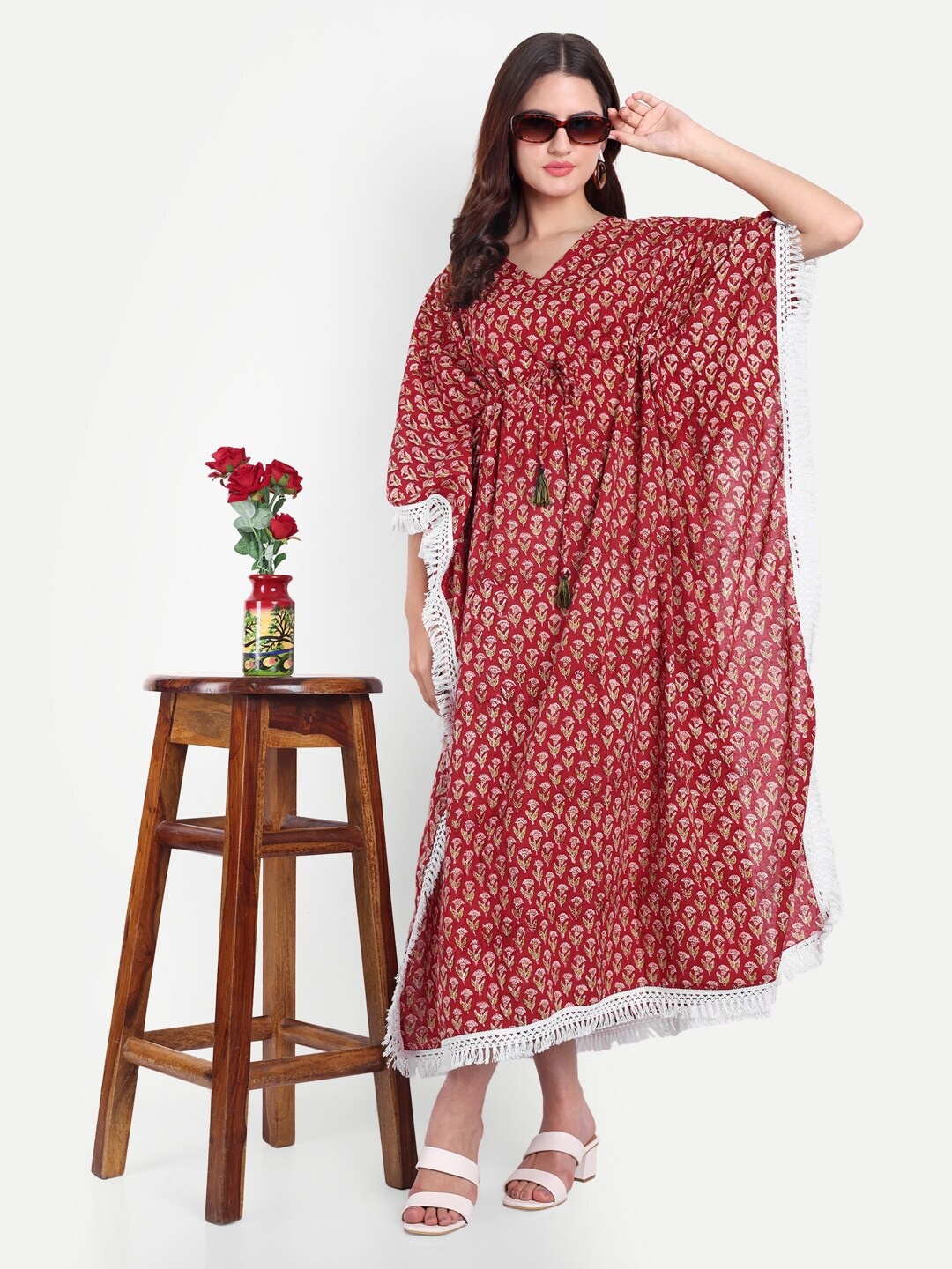 

Bohekant V-Neck Geometric Printed Pure Cotton Kaftan Dress, Red